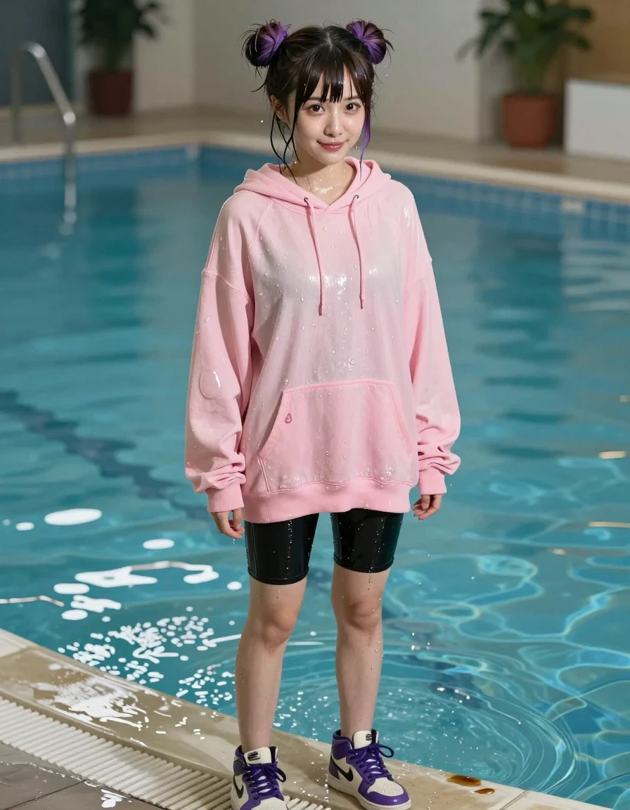 A photorealistic medium shot of a 25-year-old Chinese-American woman with light skin, dark brown hair with purple ombre styled in space buns with blunt-cut bangs, and dark eyes. She is standing at the edge of a private indoor pool, completely drenched from a recent swim. Her hair is plastered to her head and neck, dripping with water, and her skin has a realistic, glistening wet sheen. She wears a loose pastel pink oversized hoodie that is heavy, water-saturated, and clinging to her torso, with darker, soaked patches and dripping fabric edges. Beneath it, she wears black biker shorts that are soaking wet, showing deep dark saturation, clinging to her skin with heavy, water-laden folds and high-gloss specular reflections on the fabric's surface. She is wearing cream and purple Nike hi-top sneakers that are waterlogged, with visible dark, soaked fabric and water-darkened laces. Her expression is flushed, slightly shy, but unmistakably pleased with a small, genuine smile. The background features the shimmering, turquoise water of the indoor pool and tiled walls, captured with soft, ambient lighting reflecting off the wet surfaces. Cinematic lighting, sharp focus, 8k resolution, highly detailed textures of soaked fabric and water-slicked skin.