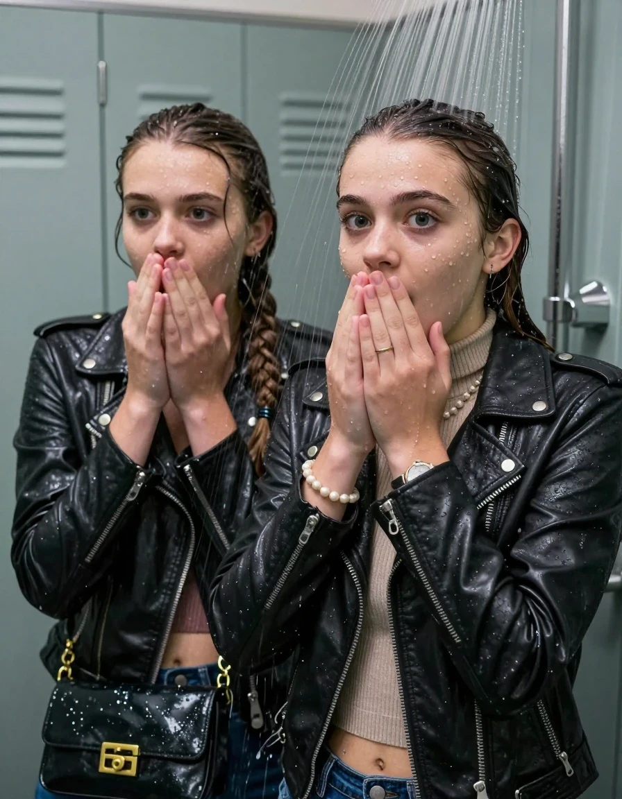 photo of young woman, in soaking wet, drenched clothes,
, , Biker leatherjacket, Tight knit turtleneck sweater belly free, handbag, pearl necklace, bracelet, wristwatch, Under the shower, strong jet of water, lokker room, 
enjoying, wet clothes stuck to body,
detailed textures of the wet clothes, wet face, wet plastered hair,
wet, drenched, professional, high-quality details, full body view.
sharp focus, ultra-high pixel detail, realistic, high-quality, full colors, incredibly detailed, 4k, 8k, 16k, hyper-realistic, RAW photo, masterpiece, ultra-detailed, professionally color graded, professional photograph, sleek long twisted ponytail

Two 15 years old  teenage girl

Only head and shoulders are over the surface visible. Open mouth, big eyes. Looking at camera. Hold her hands over her mouth.

she is completely underwater up to her neck, surprised and astonished expression. 

her submerged clothes are hardly vusible under water, she soaked her handbag into the water

close up view, wet skin, wet clothes, wet hair, damp fabric, water runs down the clothes, wet skin, wet clothes, damp fabric., wet skin, wet clothes, damp fabric, wet skin, wet clothes, damp fabric, wet skin, wet clothes, damp fabric, wet skin, wet clothes, damp fabric, wet skin, wet clothes, damp fabric, wet skin, wet clothes, damp fabric, wet skin, wet clothes, damp fabric, wet skin, wet clothes, damp fabric, wet skin, wet clothes, damp fabric