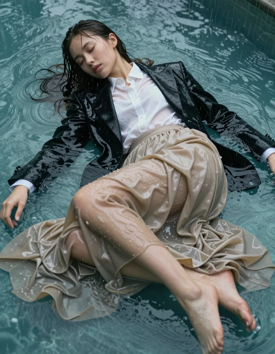 A photorealistic portrait of a young adult European woman with wet, slicked-back hair and glistening, water-drenched skin, sleeping peacefully while partially submerged in a pool during a heavy rainstorm. She is wearing a crisp white shirt with the top button fastened and a structured black tuxedo jacket, both fabrics rendered as heavy, soaking-wet textiles that cling to her frame, showing darkened, water-saturated patches, deep folds, and high-contrast specular highlights where the rain hits the wet surfaces. She is wearing a floor-length, excessively long beige skirt that is completely water-logged, heavy, and draped across the pool floor in deep, sodden folds. Her bare feet are visible, submerged in the clear water, with skin texture refracting through the surface. The lighting is moody and atmospheric, reflecting the dim gray sky and the ripples of the rain-disturbed water surface. Shot on 35mm lens, sharp focus on the subject's relaxed expression, cinematic depth of field, realistic water physics, hyper-detailed wet fabric textures.