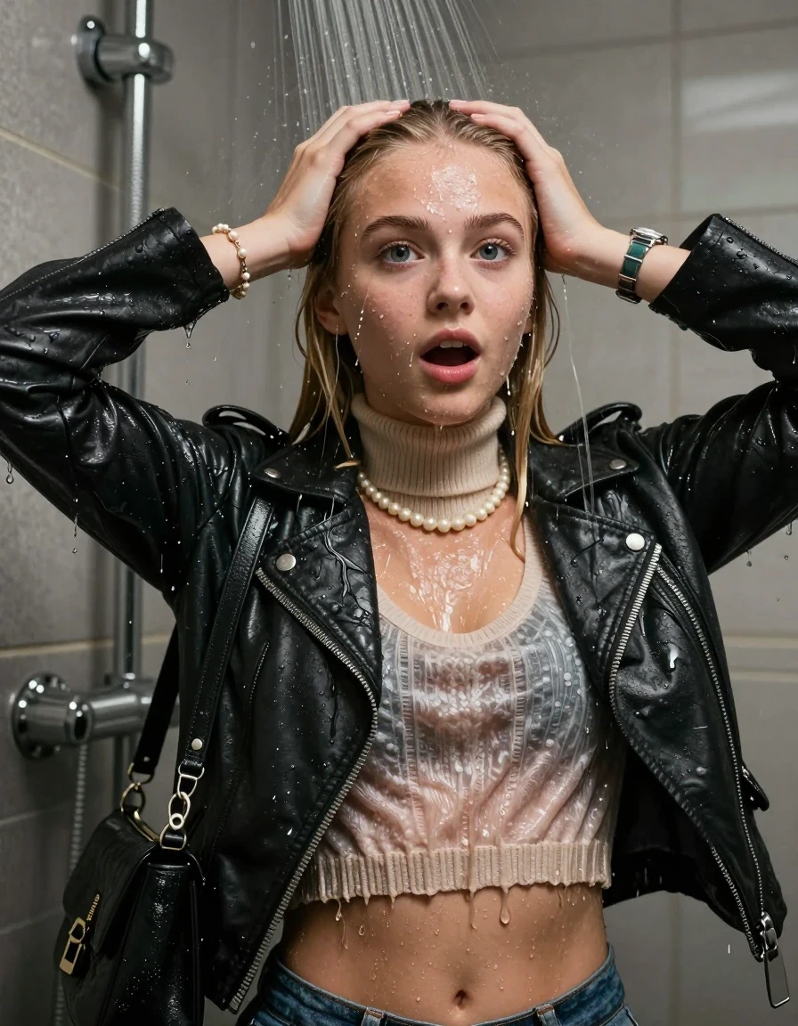 photo of young woman, in soaking wet, drenched clothes,
, , Biker leatherjacket, knit turtleneck sweater belly free, handbag, pearl necklace, bracelet, wristwatch, Under the shower, strong jet of water, party room, 
enjoying, wet clothes stuck to body,
detailed textures of the wet clothes, wet face, wet plastered hair,
wet, drenched, professional, high-quality details, full body view.
sharp focus, ultra-high pixel detail, realistic, high-quality, full colors, incredibly detailed, 4k, 8k, 16k, hyper-realistic, RAW photo, masterpiece, ultra-detailed, professionally color graded, professional photograph, Blonde sleek long straight hair

 15 years old  school girl

Only head and shoulders are over the surface visible. Open mouth, big eyes. Looking at camera. Hold her hands on her forehead.

The girls wear different clothes.

she is completely underwater up to her neck, surprised and astonished expression. 

her clothing is soaking wet and clinging tightly to her skin, showing heavy wet folds, darkened fabric texture, and deep water-saturated Patches, her clothes are heavy from the water, water runs from her body and her clothes in streams. A lot of water also runs out of her clothes. Her clothes are darkened by the water. Her submerged clothes are good visible under the water.  she soaked her handbag into the water.

close up view, wet skin, wet clothes, wet hair, damp fabric, water runs down the clothes, wet skin, wet clothes, damp fabric. cinematic medium shot, hyper-realistic wetness, high-contrast water sheen, sharp focus, 16k resolution, professional photography, realistic water physics., wet skin, wet clothes, damp fabric, wet skin, wet clothes, damp fabric, wet skin, wet clothes, damp fabric