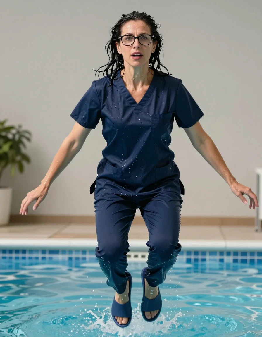 photo of young woman, in soaking wet, drenched clothes,
slippers, dark blue scrubs, dark blue scrubs, jumping in pool, enjoying wet clothes stuck body, enjoying, wet clothes stuck to body, 
enjoying, wet clothes stuck to body,
detailed textures of the wet clothes, wet face, wet plastered hair,
wet, drenched, professional, high-quality details, full body view.
sharp focus, ultra-high pixel detail, realistic, high-quality, full colors, incredibly detailed, 4k, 8k, 16k, hyper-realistic, RAW photo, masterpiece, ultra-detailed, professionally color graded, professional photograph, europen brunette skinny woman 50 years old, long dark black hair, very big and thick lips,  office glasses, complete body, wet skin, wet clothes, damp fabric, wet skin, wet clothes, damp fabric, wet skin, wet clothes, damp fabric, wet skin, wet clothes, damp fabric, wet skin, wet clothes, damp fabric, wet skin, wet clothes, damp fabric, wet skin, wet clothes, damp fabric