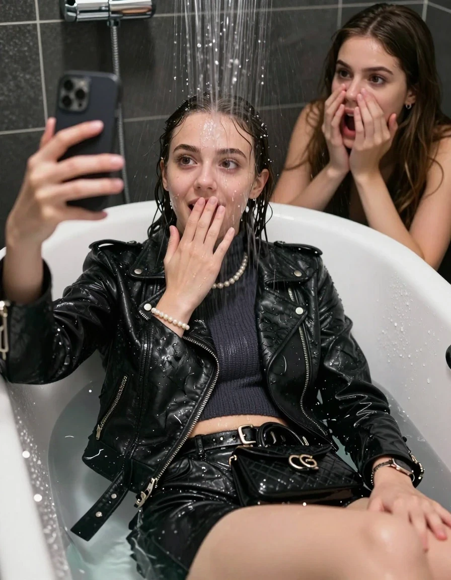 photo of young woman, in soaking wet, drenched clothes,
, , Black biker leatherjacket, knit turtleneck sweater belly free, handbag, pearl necklace, bracelet, wristwatch, 15-year-old teenage Girl relaxing directly under a heavy powerful stream of water in a bathtube of a modern bathroom, a shocked friend sits beside the tube and watching her, 
enjoying, wet clothes stuck to body,
detailed textures of the wet clothes, wet face, wet plastered hair,
wet, drenched, professional, high-quality details, full body view.
sharp focus, ultra-high pixel detail, realistic, high-quality, full colors, incredibly detailed, 4k, 8k, 16k, hyper-realistic, RAW photo, masterpiece, ultra-detailed, professionally color graded, professional photograph, Behind view: 15-year-old teenage girl.
wet plastered hair. Sleek long straight hair.

Only head and shoulders are over the surface visible. Looking at camera. The water splashes directly into her face. Hold her hand on her mouth.  open mouth, big eyes.

The girls wear different clothes.

she is completely underwater up to her neck, afraid and astonished expression. Slightly smile. Take a Selfie with her Smartphone.

her clothing is soaking wet and clinging tightly to her skin, showing heavy wet folds, darkened fabric texture, and deep water-saturated Patches, her clothes are heavy from the water, water runs from her body and her clothes in streams. A lot of water also runs out of her clothes. Her clothes are darkened by the water. Her submerged clothes are good visible under the water.  she soaked her handbag into the water.

close up view, wet skin, wet clothes, wet hair, damp fabric, water runs down the clothes, wet skin, wet clothes, damp fabric. cinematic medium shot, hyper-realistic wetness, high-contrast water sheen, sharp focus, 16k resolution, professional photography, realistic water physics., wet skin, wet clothes, damp fabric, wet skin, wet clothes, damp fabric, wet skin, wet clothes, damp fabric, wet skin, wet clothes, damp fabric, wet skin, wet clothes, damp fabric, wet skin, wet clothes, damp fabric