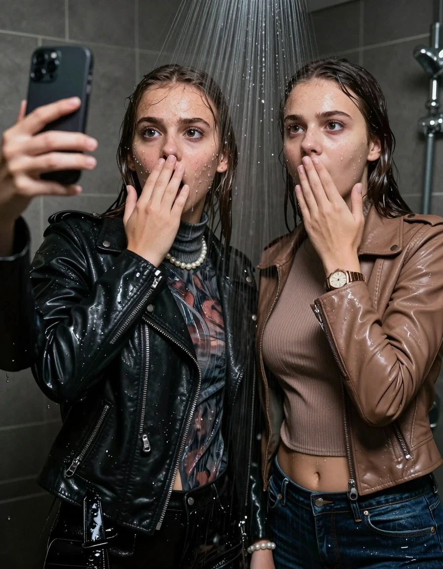 photo of young woman, in soaking wet, drenched clothes,
, , Black Biker leatherjacket and light brown leatherjacket, tight knit turtleneck sweater belly free, handbag, pearl necklace, bracelet, wristwatch, Under the shower, strong jet of water, party room, 
enjoying, wet clothes stuck to body,
detailed textures of the wet clothes, wet face, wet plastered hair,
wet, drenched, professional, high-quality details, full body view.
sharp focus, ultra-high pixel detail, realistic, high-quality, full colors, incredibly detailed, 4k, 8k, 16k, hyper-realistic, RAW photo, masterpiece, ultra-detailed, professionally color graded, professional photograph, sleek long straight hair and topknot

 two 15 years old  teenage girls

Only head and shoulders are over the surface visible. Open mouth, big eyes. Looking at camera. one Hold her hand in front of her nose. one hold her hand on her mouth. one girl take a selfie with her smartphone.

The girls wear different clothes.

she is completely underwater up to her neck, frightened and astonished expression. 

her clothing is soaking wet and clinging tightly to her skin, showing heavy wet folds, darkened fabric texture, and deep water-saturated Patches, her clothes are heavy from the water, water runs from her body and her clothes in streams. A lot of water also runs out of her clothes. Her clothes are darkened by the water. Her submerged clothes are good visible under the water.  she soaked her handbag into the water.

close up view, wet skin, wet clothes, wet hair, damp fabric, water runs down the clothes, wet skin, wet clothes, damp fabric. cinematic medium shot, hyper-realistic wetness, high-contrast water sheen, sharp focus, 16k resolution, professional photography, realistic water physics., wet skin, wet clothes, damp fabric, wet skin, wet clothes, damp fabric, wet skin, wet clothes, damp fabric