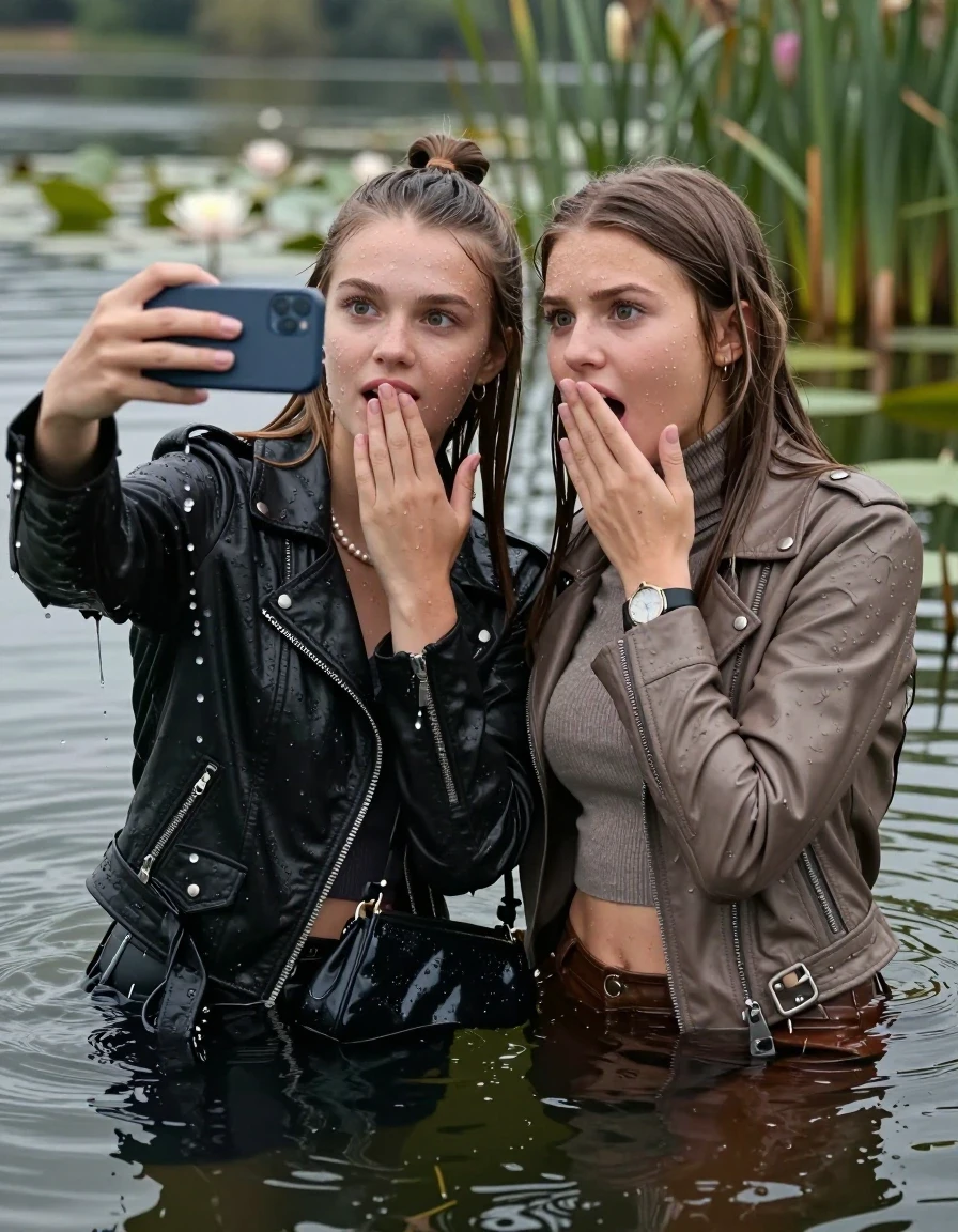 photo of young woman, in soaking wet, drenched clothes,
, , Black Biker leatherjacket and light brown leatherjacket, tight knit turtleneck sweater belly free, handbag, pearl necklace, bracelet, wristwatch, Emerging after diving in a lake with water lilies and reeds, 
enjoying, wet clothes stuck to body,
detailed textures of the wet clothes, wet face, wet plastered hair,
wet, drenched, professional, high-quality details, full body view.
sharp focus, ultra-high pixel detail, realistic, high-quality, full colors, incredibly detailed, 4k, 8k, 16k, hyper-realistic, RAW photo, masterpiece, ultra-detailed, professionally color graded, professional photograph, sleek long straight hair and topknot

 two 15 years old  teenage girls

Only head and shoulders are over the surface visible. Open mouth, big eyes. Looking at camera. one Hold her hands onver her mouth. one hold one hand on her mouth and take with the other hand a selfie with her smartphone.

The girls wear different clothes.

she is completely underwater up to her neck, horny and astonished expression. 

her clothing is soaking wet and clinging tightly to her skin, showing heavy wet folds, darkened fabric texture, and deep water-saturated Patches, her clothes are heavy from the water, water runs from her body and her clothes in streams. A lot of water also runs out of her clothes. Her clothes are darkened by the water. Her submerged clothes are good visible under the water.  she soaked her handbag into the water.

close up view, wet skin, wet clothes, wet hair, damp fabric, water runs down the clothes, wet skin, wet clothes, damp fabric. cinematic medium shot, hyper-realistic wetness, high-contrast water sheen, sharp focus, 16k resolution, professional photography, realistic water physics., wet skin, wet clothes, damp fabric, wet skin, wet clothes, damp fabric, wet skin, wet clothes, damp fabric