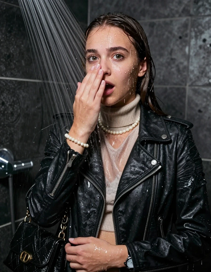 photo of young woman, in soaking wet, drenched clothes,
, , Biker leatherjacket, knit turtleneck sweater belly free, handbag, pearl necklace, bracelet, wristwatch, Under the shower, strong jet of water, party room, 
enjoying, wet clothes stuck to body,
detailed textures of the wet clothes, wet face, wet plastered hair,
wet, drenched, professional, high-quality details, full body view.
sharp focus, ultra-high pixel detail, realistic, high-quality, full colors, incredibly detailed, 4k, 8k, 16k, hyper-realistic, RAW photo, masterpiece, ultra-detailed, professionally color graded, professional photograph, sleek long straight hair

 15 years old  teenage girl

Only head and shoulders are over the surface visible. Open mouth, big eyes. Looking at camera. Hold her hand in front of her nose.

The girls wear different clothes.

she is completely underwater up to her neck, afraid and astonished expression. 

her clothing is soaking wet and clinging tightly to her skin, showing heavy wet folds, darkened fabric texture, and deep water-saturated Patches, her clothes are heavy from the water, water runs from her body and her clothes in streams. A lot of water also runs out of her clothes. Her clothes are darkened by the water. Her submerged clothes are good visible under the water.  she soaked her handbag into the water.

close up view, wet skin, wet clothes, wet hair, damp fabric, water runs down the clothes, wet skin, wet clothes, damp fabric. cinematic medium shot, hyper-realistic wetness, high-contrast water sheen, sharp focus, 8k resolution, professional photography, realistic water physics., wet skin, wet clothes, damp fabric, wet skin, wet clothes, damp fabric