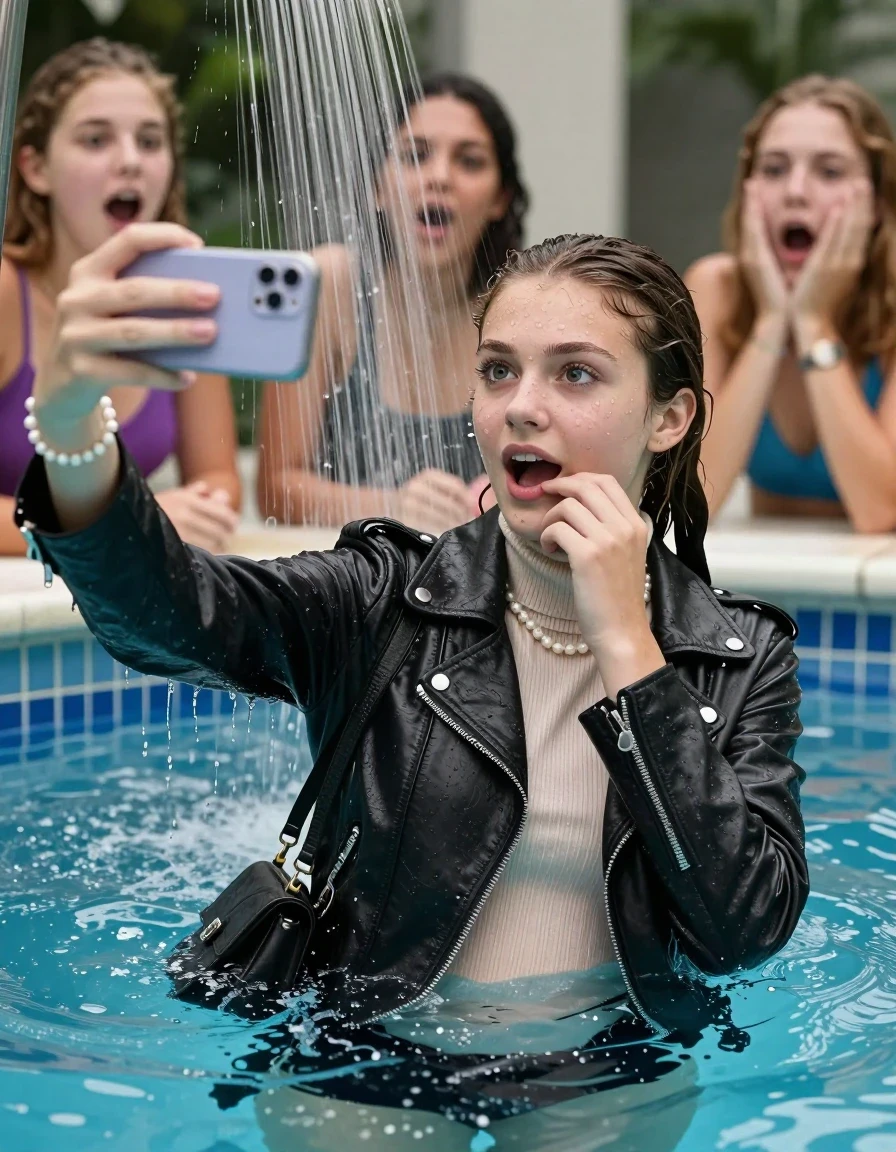 photo of young woman, in soaking wet, drenched clothes,
, , Biker leatherjacket, Tight knit turtleneck sweater belly free, handbag, pearl necklace, bracelet, wristwatch, Under the pool shower, strong jet of water, indoor swimming pool, pool party, her different clothed friends watching her shocked from the edge, 
enjoying, wet clothes stuck to body,
detailed textures of the wet clothes, wet face, wet plastered hair,
wet, drenched, professional, high-quality details, full body view.
sharp focus, ultra-high pixel detail, realistic, high-quality, full colors, incredibly detailed, 4k, 8k, 16k, hyper-realistic, RAW photo, masterpiece, ultra-detailed, professionally color graded, professional photograph, sleek long twisted ponytail

Two 15 years old  teenage girl

Only head and shoulders are over the surface visible. Open mouth, big eyes. Looking at camera. Hold her hand on her corner of the mouth. take a selfie with her smartphone.

The girls wear different clothes.

she is completely underwater up to her neck, surprised and astonished expression. 

her submerged clothes are hardly vusible under water, she soaked her handbag into the water

close up view, wet skin, wet clothes, wet hair, damp fabric, water runs down the clothes, wet skin, wet clothes, damp fabric., wet skin, wet clothes, damp fabric, wet skin, wet clothes, damp fabric, wet skin, wet clothes, damp fabric, wet skin, wet clothes, damp fabric, wet skin, wet clothes, damp fabric, wet skin, wet clothes, damp fabric, wet skin, wet clothes, damp fabric, wet skin, wet clothes, damp fabric, wet skin, wet clothes, damp fabric