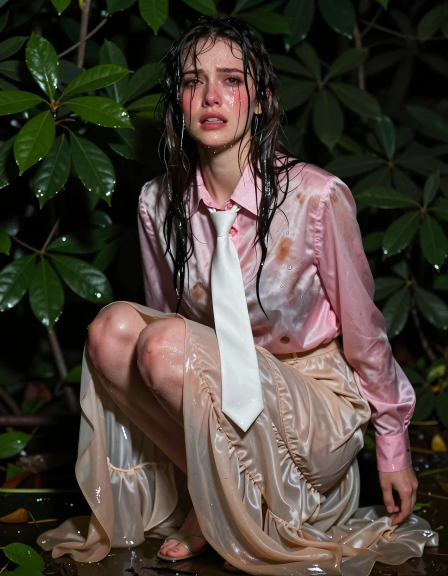 A photorealistic medium shot of a young adult European woman crouching deep inside a dense, dark green bush. She is wearing a pink satin long-sleeved oversized buttoned-down blouse with a crisp white necktie, paired with a floor-length excessively long beige silk skirt featuring multiple layers of petticoats. On her feet are delicate sandals. The clothing is visibly soaking wet; the pink satin is darkened, clinging to her skin with deep, saturated patches and heavy, wet folds, while the beige silk skirt is saturated, heavy with water, and translucent, clinging to her legs with a glossy, wet sheen. Her skin is glistening with moisture, and her hair is matted and dripping wet, with water sheen reflecting ambient light. Her expression is intense and visceral, showing a mixture of tears streaming down her flushed cheeks and a look of overwhelming climax. The lighting is moody and filtered through the foliage, creating high-contrast specular highlights on her wet skin and the clinging, water-logged fabrics. Sharp focus, 8k resolution, cinematic lighting, hyper-detailed textures.