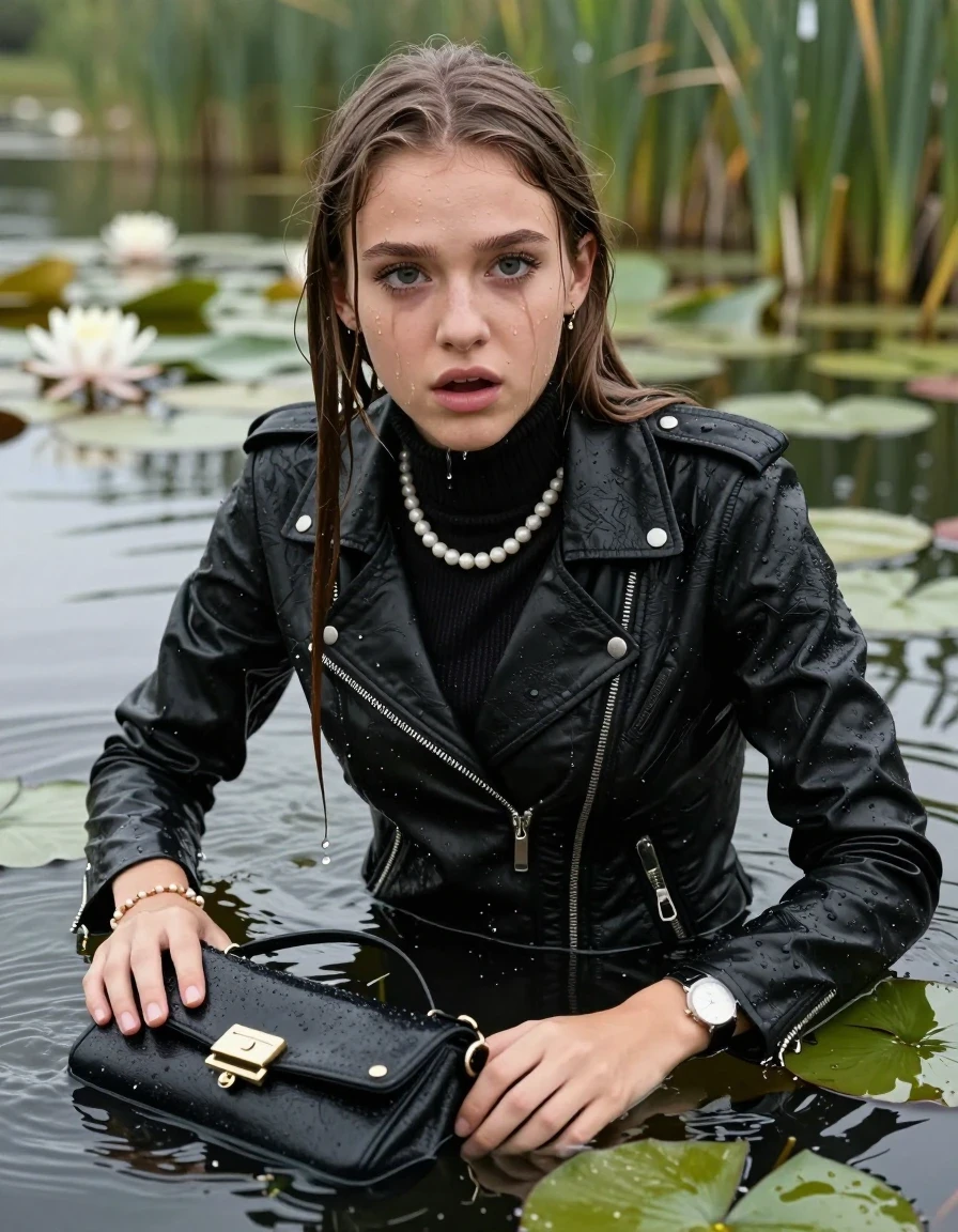 photo of young woman, in soaking wet, drenched clothes,
, , Black Biker leatherjacket, tight knit turtleneck sweater belly free, handbag, pearl necklace, bracelet, wristwatch, drowning in a lake with water lilies and reeds, 
enjoying, wet clothes stuck to body,
detailed textures of the wet clothes, wet face, wet plastered hair,
wet, drenched, professional, high-quality details, full body view.
sharp focus, ultra-high pixel detail, realistic, high-quality, full colors, incredibly detailed, 4k, 8k, 16k, hyper-realistic, RAW photo, masterpiece, ultra-detailed, professionally color graded, professional photograph, sleek long straight hair

15 years old  teenage girls

Only head and shoulders are over the surface visible. Open mouth, big eyes. Eyeliner is running down the cheeks. leaning her breast on the surface and tries to swim.

The girls wear different clothes.

she is completely underwater up to her neck, afraid and astonished expression. 

her clothing is soaking wet and clinging tightly to her skin, showing heavy wet folds, darkened fabric texture, and deep water-saturated Patches, her clothes are heavy from the water, water runs from her body and her clothes in streams. A lot of water also runs out of her clothes. Her clothes are darkened by the water. Her submerged clothes are good visible under the water.  she soaked her handbag into the water.

close up view, wet skin, wet clothes, wet hair, damp fabric, water runs down the clothes, wet skin, wet clothes, damp fabric. cinematic medium shot, hyper-realistic wetness, high-contrast water sheen, sharp focus, 16k resolution, professional photography, realistic water physics., wet skin, wet clothes, damp fabric, wet skin, wet clothes, damp fabric, wet skin, wet clothes, damp fabric