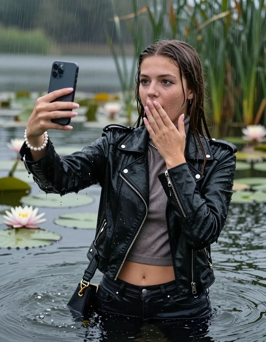 photo of young woman, in soaking wet, drenched clothes,
, skinny jeans, Black Biker leatherjacket, tight knit turtleneck sweater belly free, handbag, pearl necklace, bracelet, wristwatch, drowning in a lake with water lilies and reeds, heavy rain falls directely on her heads, 
enjoying, wet clothes stuck to body,
detailed textures of the wet clothes, wet face, wet plastered hair,
wet, drenched, professional, high-quality details, full body view.
sharp focus, ultra-high pixel detail, realistic, high-quality, full colors, incredibly detailed, 4k, 8k, 16k, hyper-realistic, RAW photo, masterpiece, ultra-detailed, professionally color graded, professional photograph, sleek long straight hair

15 years old  teenage girls

Only head and shoulders are over the surface visible. Open mouth, big eyes. Looking at camera. hold one hand on her mouth and take with the other hand a selfie with her smartphone. Eyeliner is running down the cheeks.

The girls wear different clothes.

she is completely underwater up to her neck, horny and astonished expression. 

her clothing is soaking wet and clinging tightly to her skin, showing heavy wet folds, darkened fabric texture, and deep water-saturated Patches, her clothes are heavy from the water, water runs from her body and her clothes in streams. A lot of water also runs out of her clothes. Her clothes are darkened by the water. Her submerged clothes are good visible under the water.  she soaked her handbag into the water.

close up view, wet skin, wet clothes, wet hair, damp fabric, water runs down the clothes, wet skin, wet clothes, damp fabric. cinematic medium shot, hyper-realistic wetness, high-contrast water sheen, sharp focus, 16k resolution, professional photography, realistic water physics., wet skin, wet clothes, damp fabric, wet skin, wet clothes, damp fabric, wet skin, wet clothes, damp fabric