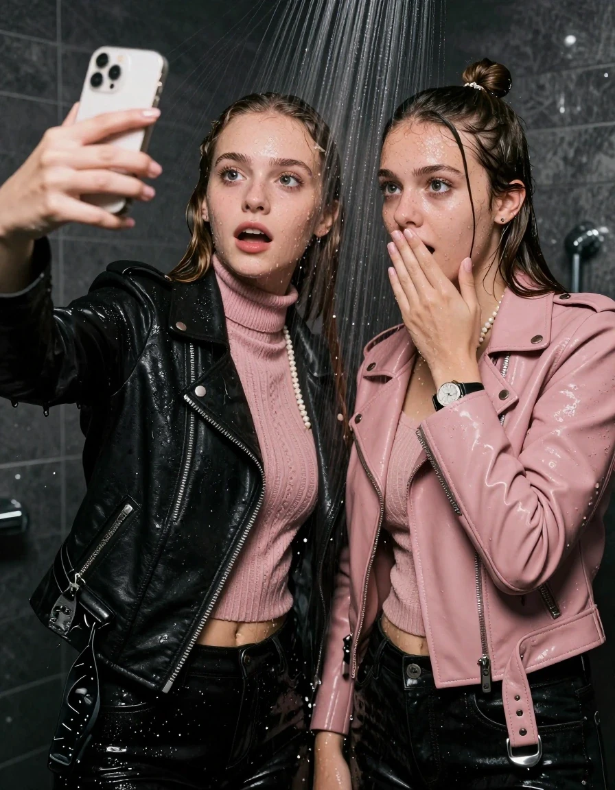 photo of young woman, in soaking wet, drenched clothes,
, , Black Biker leatherjacket and light pink leatherjacket, knit turtleneck sweater belly free, handbag, pearl necklace, bracelet, wristwatch, Under the shower, strong jet of water, party room, 
enjoying, wet clothes stuck to body,
detailed textures of the wet clothes, wet face, wet plastered hair,
wet, drenched, professional, high-quality details, full body view.
sharp focus, ultra-high pixel detail, realistic, high-quality, full colors, incredibly detailed, 4k, 8k, 16k, hyper-realistic, RAW photo, masterpiece, ultra-detailed, professionally color graded, professional photograph, sleek long straight hair and topknot

 two 15 years old  teenage girls

Only head and shoulders are over the surface visible. Open mouth, big eyes. Looking at camera. Hold her hand in front of her mouth. one girl take a selfie with her smartphone.

The girls wear different clothes.

she is completely underwater up to her neck, afraid and astonished expression. 

her clothing is soaking wet and clinging tightly to her skin, showing heavy wet folds, darkened fabric texture, and deep water-saturated Patches, her clothes are heavy from the water, water runs from her body and her clothes in streams. A lot of water also runs out of her clothes. Her clothes are darkened by the water. Her submerged clothes are good visible under the water.  she soaked her handbag into the water.

close up view, wet skin, wet clothes, wet hair, damp fabric, water runs down the clothes, wet skin, wet clothes, damp fabric. cinematic medium shot, hyper-realistic wetness, high-contrast water sheen, sharp focus, 16k resolution, professional photography, realistic water physics., wet skin, wet clothes, damp fabric, wet skin, wet clothes, damp fabric, wet skin, wet clothes, damp fabric, wet skin, wet clothes, damp fabric