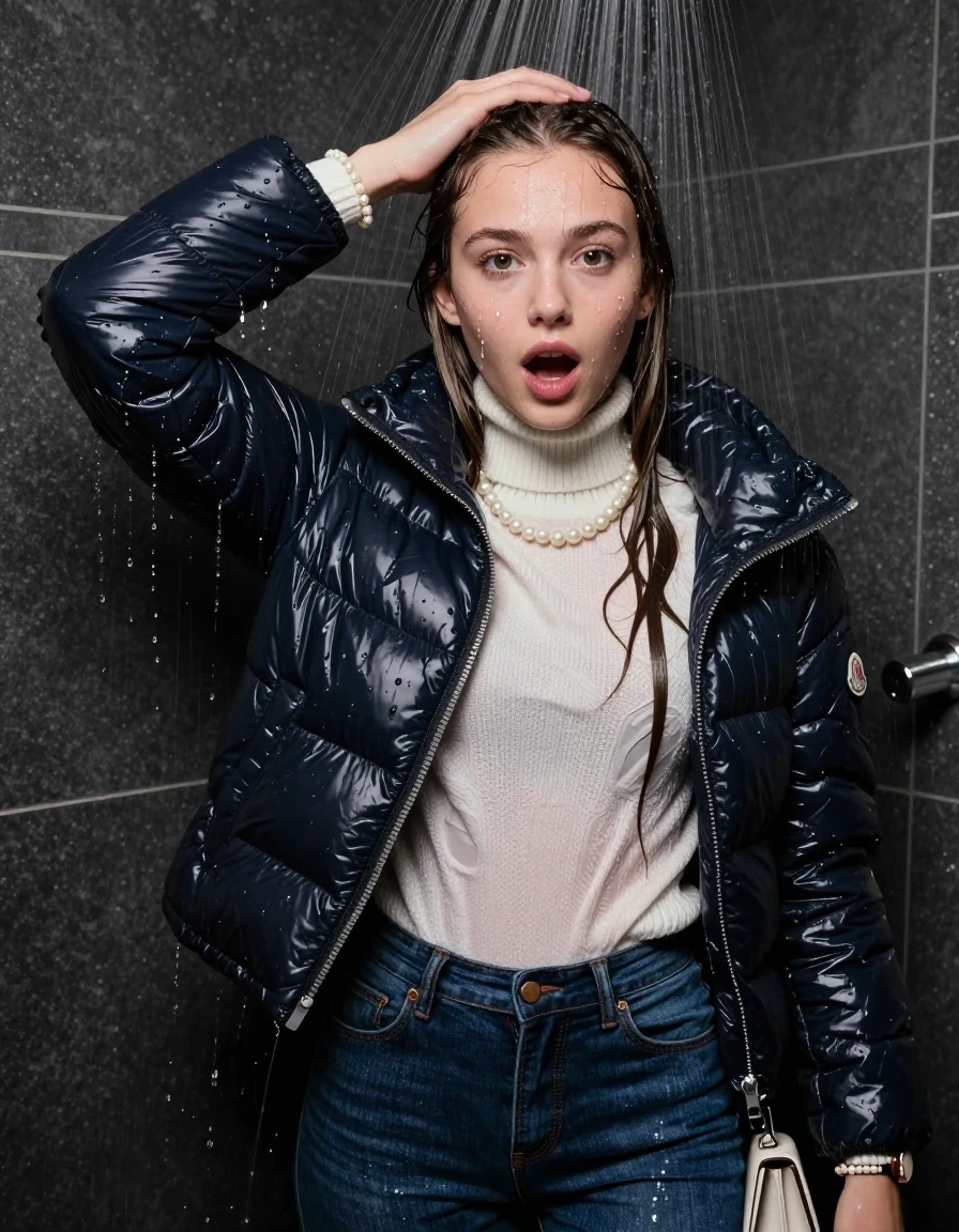 photo of young woman, in soaking wet, drenched clothes,
Heels, Tight Skinny jeans, Moncler shiny puffer down jacket , white knit turtleneck sweater, handbag, pearl necklace, bracelet, wristwatch, Under the shower, strong jet of water, party room, 
enjoying, wet clothes stuck to body,
detailed textures of the wet clothes, wet face, wet plastered hair,
wet, drenched, professional, high-quality details, full body view.
sharp focus, ultra-high pixel detail, realistic, high-quality, full colors, incredibly detailed, 4k, 8k, 16k, hyper-realistic, RAW photo, masterpiece, ultra-detailed, professionally color graded, professional photograph, sleek long straight hair, wer plastered hair

 15-years-old teenage girl

Only head and shoulders are over the surface visible. Open mouth, big eyes. Looking at camera. Hold her hand over her head.

The girls wear different clothes.

she is completely underwater up to her neck, surprised and astonished expression. 

her clothing is soaking wet and clinging tightly to her skin, showing heavy wet folds, darkened fabric texture, and deep water-saturated Patches, her clothes are heavy from the water, water runs from her body and her clothes in streams. A lot of water also runs out of her clothes. Her clothes are darkened by the water. Her submerged clothes are good visible under the water.  she soaked her handbag into the water.

close up view, wet skin, wet clothes, wet hair, damp fabric, water runs down the clothes, wet skin, wet clothes, damp fabric. cinematic medium shot, hyper-realistic wetness, high-contrast water sheen, sharp focus, 16k resolution, professional photography, realistic water physics., wet skin, wet clothes, damp fabric, wet skin, wet clothes, damp fabric, wet skin, wet clothes, damp fabric
