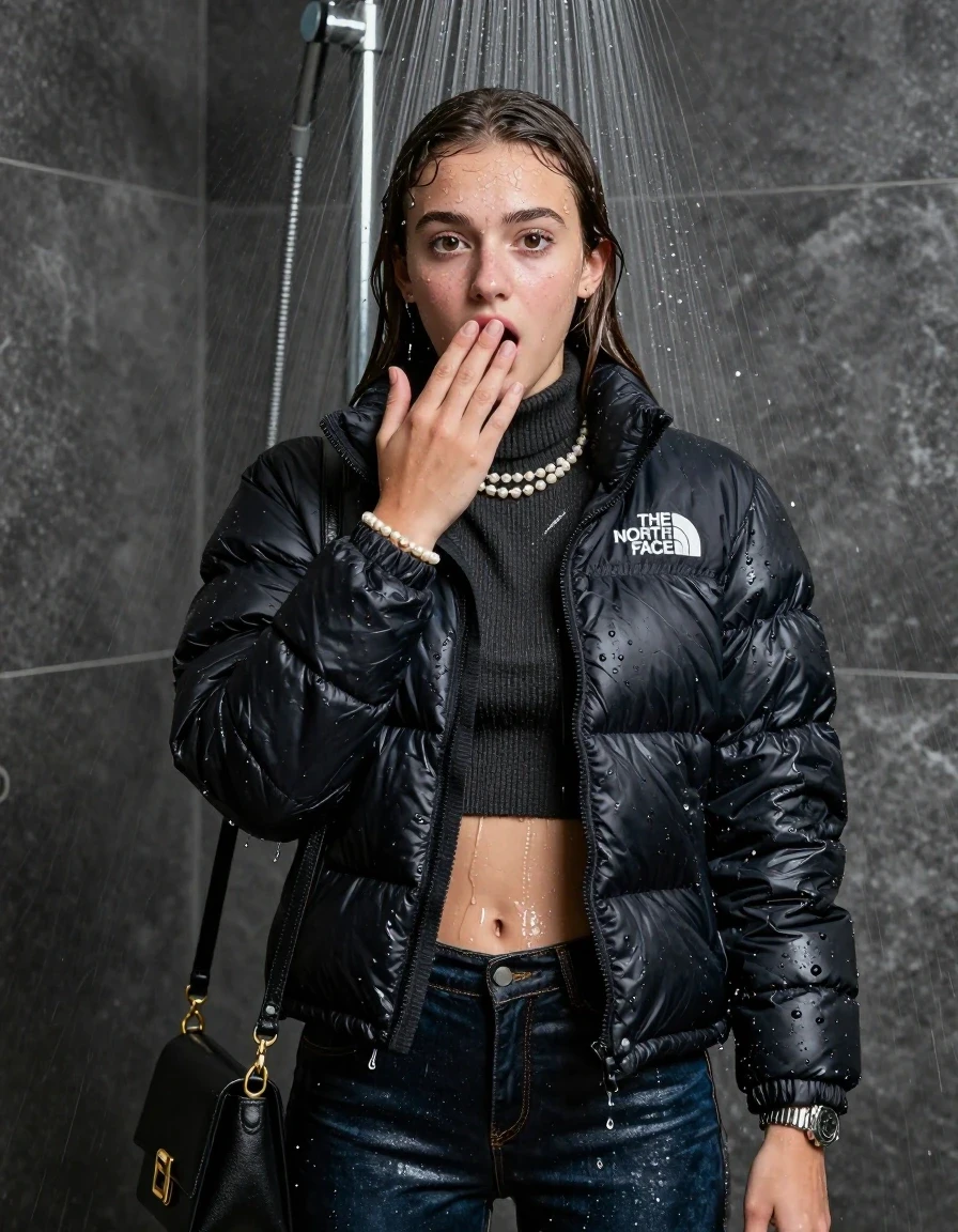 photo of young woman, in soaking wet, drenched clothes,
, skinny jeans, black nuptse north face puffer down jacket, knit turtleneck sweater belly free, handbag, pearl necklace, bracelet, wristwatch, Under the shower, strong jet of water, party shower, 
enjoying, wet clothes stuck to body,
detailed textures of the wet clothes, wet face, wet plastered hair,
wet, drenched, professional, high-quality details, full body view.
sharp focus, ultra-high pixel detail, realistic, high-quality, full colors, incredibly detailed, 4k, 8k, 16k, hyper-realistic, RAW photo, masterpiece, ultra-detailed, professionally color graded, professional photograph, sleek long straight hair

 15 years old  teenage girl

Only head and shoulders are over the surface visible. Looking at camera. Hold her hand on her mouth.  open mouth, big eyes.

The girls wear different clothes.

she is completely underwater up to her neck, shocked and embarrassed expression. 

her clothing is soaking wet and clinging tightly to her skin, showing heavy wet folds, darkened fabric texture, and deep water-saturated Patches, her clothes are heavy from the water, water runs from her body and her clothes in streams. A lot of water also runs out of her clothes. Her clothes are darkened by the water. Her submerged clothes are good visible under the water.  she soaked her handbag into the water.

close up view, wet skin, wet clothes, wet hair, damp fabric, water runs down the clothes, wet skin, wet clothes, damp fabric. cinematic medium shot, hyper-realistic wetness, high-contrast water sheen, sharp focus, 8k resolution, professional photography, realistic water physics., wet skin, wet clothes, damp fabric, wet skin, wet clothes, damp fabric, wet skin, wet clothes, damp fabric