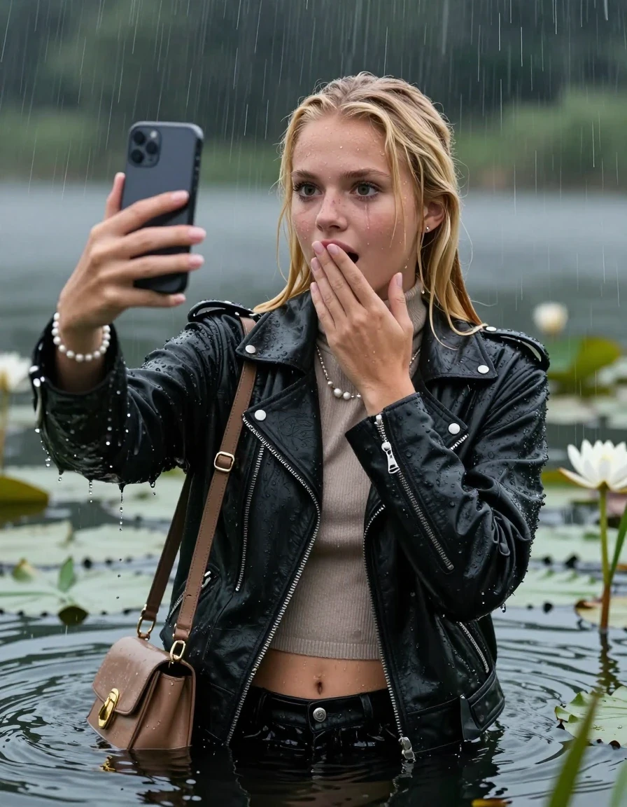 photo of young woman, in soaking wet, drenched clothes,
, , Black Biker leatherjacket and light brown leatherjacket, tight knit turtleneck sweater belly free, handbag, pearl necklace, bracelet, wristwatch, Emerging after diving in a lake with water lilies and reeds, heavy rain falls directely on her heads, 
enjoying, wet clothes stuck to body,
detailed textures of the wet clothes, wet face, wet plastered hair,
wet, drenched, professional, high-quality details, full body view.
sharp focus, ultra-high pixel detail, realistic, high-quality, full colors, incredibly detailed, 4k, 8k, 16k, hyper-realistic, RAW photo, masterpiece, ultra-detailed, professionally color graded, professional photograph, blonde sleek long straight hair and sleek bun

15 years old  teenage girls

Only head and shoulders are over the surface visible. Open mouth, big eyes. Looking at camera. one Hold her hands onver her mouth. one hold one hand on her mouth and take with the other hand a selfie with her smartphone. Eyeliner is running down the cheeks.

The girls wear different clothes.

she is completely underwater up to her neck, horny and astonished expression. 

her clothing is soaking wet and clinging tightly to her skin, showing heavy wet folds, darkened fabric texture, and deep water-saturated Patches, her clothes are heavy from the water, water runs from her body and her clothes in streams. A lot of water also runs out of her clothes. Her clothes are darkened by the water. Her submerged clothes are good visible under the water.  she soaked her handbag into the water.

close up view, wet skin, wet clothes, wet hair, damp fabric, water runs down the clothes, wet skin, wet clothes, damp fabric. cinematic medium shot, hyper-realistic wetness, high-contrast water sheen, sharp focus, 16k resolution, professional photography, realistic water physics., wet skin, wet clothes, damp fabric, wet skin, wet clothes, damp fabric, wet skin, wet clothes, damp fabric