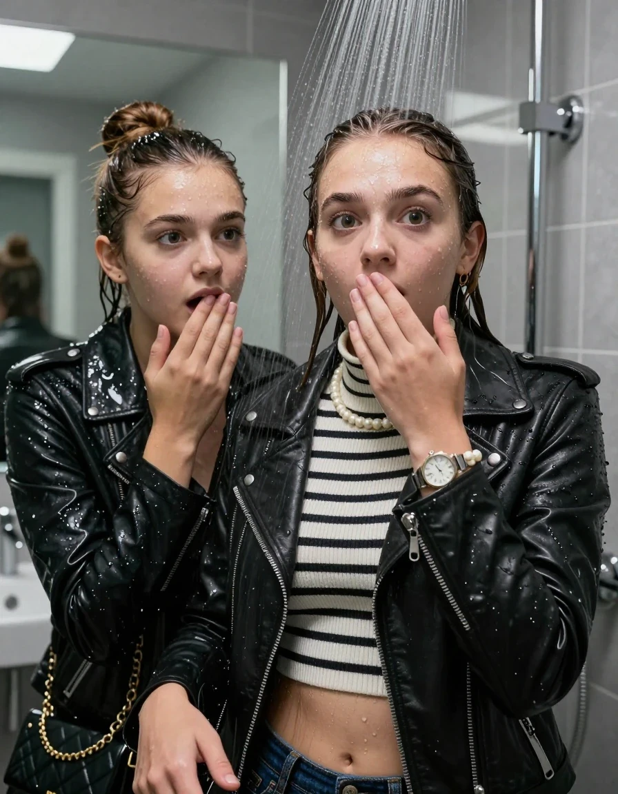 photo of young woman, in soaking wet, drenched clothes,
, , Biker leatherjacket, Tight Striped knit turtleneck sweater belly free, handbag, pearl necklace, bracelet, wristwatch, Under the shower, strong jet of water, modern mirrored bathroom, 
enjoying, wet clothes stuck to body,
detailed textures of the wet clothes, wet face, wet plastered hair,
wet, drenched, professional, high-quality details, full body view.
sharp focus, ultra-high pixel detail, realistic, high-quality, full colors, incredibly detailed, 4k, 8k, 16k, hyper-realistic, RAW photo, masterpiece, ultra-detailed, professionally color graded, professional photograph, Topknot

Two 15 years old  teenage girl

Only head and shoulders are over the surface visible. Open mouth, big eyes. Looking at camera. Hold a hand on her mouth.

she is completely underwater up to her neck, surprised and astonished expression. 

her submerged clothes are hardly vusible under water, she soaked her handbag into the water

close up view, wet skin, wet clothes, wet hair, damp fabric, water runs down the clothes, wet skin, wet clothes, damp fabric., wet skin, wet clothes, damp fabric, wet skin, wet clothes, damp fabric, wet skin, wet clothes, damp fabric, wet skin, wet clothes, damp fabric, wet skin, wet clothes, damp fabric, wet skin, wet clothes, damp fabric, wet skin, wet clothes, damp fabric, wet skin, wet clothes, damp fabric, wet skin, wet clothes, damp fabric