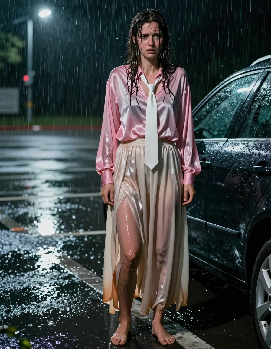 A photorealistic full-body shot of a young adult European woman standing in a rain-drenched outdoor car park at night, looking distressed and frustrated as she is locked out of her car. She is wearing a pink satin long-sleeved oversized blouse with a white necktie, completely saturated by the downpour, the fabric clinging to her skin with deep, dark translucent patches and heavy wet folds. Below, she wears an excessively long, floor-length beige silk skirt layered with heavy petticoats, the silk appearing wet, heavy, and clinging to her legs with water-darkened hues and a glossy, liquid sheen. She is barefoot, her skin pale and glistening with rain, her hair matted and wet, plastered against her face and shoulders. The environment features dark asphalt reflecting the dim overhead streetlights through puddles, heavy rain falling in streaks, and the sleek, wet exterior of a locked car in the background. Cinematic lighting emphasizes the textures of the soaked fabrics, the sheen on her skin, and the dramatic atmosphere of a storm, captured with a 35mm lens, sharp focus, high detail, and realistic water physics.