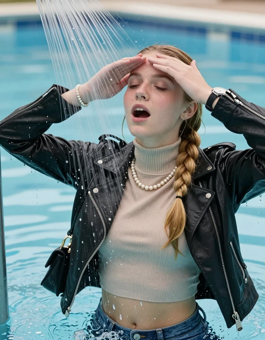 photo of young woman, in soaking wet, drenched clothes,
, , Biker leatherjacket, Tight knit turtleneck sweater belly free, handbag, pearl necklace, bracelet, wristwatch, Under the pool shower, strong jet of water, swimming pool, 
enjoying, wet clothes stuck to body,
detailed textures of the wet clothes, wet face, wet plastered hair,
wet, drenched, professional, high-quality details, full body view.
sharp focus, ultra-high pixel detail, realistic, high-quality, full colors, incredibly detailed, 4k, 8k, 16k, hyper-realistic, RAW photo, masterpiece, ultra-detailed, professionally color graded, professional photograph, blonde sleek long twisted ponytail

Two 15 years old  teenage girl

Only head and shoulders are over the surface visible. Open mouth, closed eyes. Looking up. Hold her hands over her forehead.

The girls wear different clothes.

she is completely underwater up to her neck, surprised and astonished expression. 

her submerged clothes are hardly vusible under water, she soaked her handbag into the water

close up view, wet skin, wet clothes, wet hair, damp fabric, water runs down the clothes, wet skin, wet clothes, damp fabric., wet skin, wet clothes, damp fabric, wet skin, wet clothes, damp fabric, wet skin, wet clothes, damp fabric, wet skin, wet clothes, damp fabric, wet skin, wet clothes, damp fabric, wet skin, wet clothes, damp fabric, wet skin, wet clothes, damp fabric, wet skin, wet clothes, damp fabric, wet skin, wet clothes, damp fabric