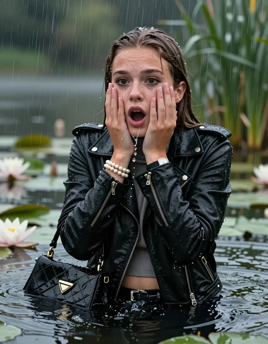 photo of young woman, in soaking wet, drenched clothes,
, , Black Biker leatherjacket, tight knit turtleneck sweater belly free, handbag, pearl necklace, bracelet, wristwatch, drowning in a lake with water lilies and reeds, heavy rain falls directely on her heads, 
enjoying, wet clothes stuck to body,
detailed textures of the wet clothes, wet face, wet plastered hair,
wet, drenched, professional, high-quality details, full body view.
sharp focus, ultra-high pixel detail, realistic, high-quality, full colors, incredibly detailed, 4k, 8k, 16k, hyper-realistic, RAW photo, masterpiece, ultra-detailed, professionally color graded, professional photograph, sleek long straight hair

15 years old  teenage girls

Only head and shoulders are over the surface visible. Open mouth, big eyes. Eyeliner is running down the cheeks. hold her hands over her face. spits out water.

The girls wear different clothes.

she is completely underwater up to her neck, afraid and astonished expression. 

her clothing is soaking wet and clinging tightly to her skin, showing heavy wet folds, darkened fabric texture, and deep water-saturated Patches, her clothes are heavy from the water, water runs from her body and her clothes in streams. A lot of water also runs out of her clothes. Her clothes are darkened by the water. Her submerged clothes are good visible under the water.  she soaked her handbag into the water.

close up view, wet skin, wet clothes, wet hair, damp fabric, water runs down the clothes, wet skin, wet clothes, damp fabric. cinematic medium shot, hyper-realistic wetness, high-contrast water sheen, sharp focus, 16k resolution, professional photography, realistic water physics., wet skin, wet clothes, damp fabric, wet skin, wet clothes, damp fabric, wet skin, wet clothes, damp fabric