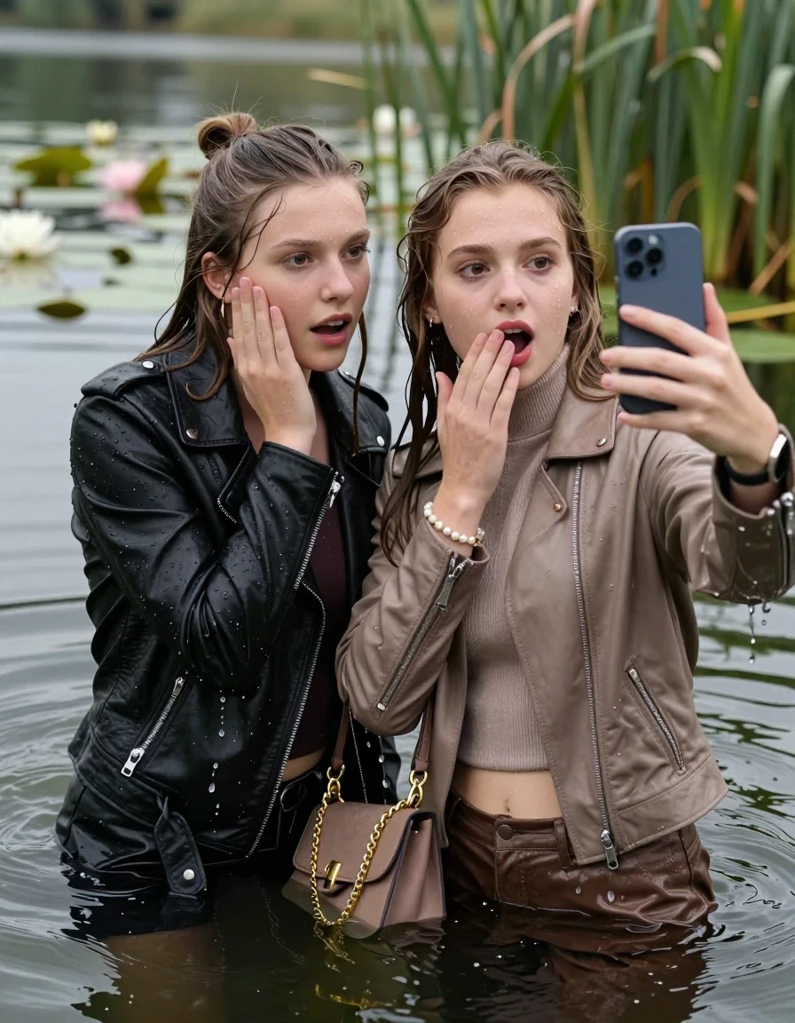 photo of young woman, in soaking wet, drenched clothes,
, , Black Biker leatherjacket and light brown leatherjacket, tight knit turtleneck sweater belly free, handbag, pearl necklace, bracelet, wristwatch, Emerging after diving in a lake with water lilies and reeds, 
enjoying, wet clothes stuck to body,
detailed textures of the wet clothes, wet face, wet plastered hair,
wet, drenched, professional, high-quality details, full body view.
sharp focus, ultra-high pixel detail, realistic, high-quality, full colors, incredibly detailed, 4k, 8k, 16k, hyper-realistic, RAW photo, masterpiece, ultra-detailed, professionally color graded, professional photograph, sleek long straight hair and topknot

 two 15 years old  teenage girls

Only head and shoulders are over the surface visible. Open mouth, big eyes. Looking at camera. one Hold her hand on her cheek. one hold one hand on her mouth and take with the other hand a selfie with her smartphone.

The girls wear different clothes.

she is completely underwater up to her neck, horny and astonished expression. 

her clothing is soaking wet and clinging tightly to her skin, showing heavy wet folds, darkened fabric texture, and deep water-saturated Patches, her clothes are heavy from the water, water runs from her body and her clothes in streams. A lot of water also runs out of her clothes. Her clothes are darkened by the water. Her submerged clothes are good visible under the water.  she soaked her handbag into the water.

close up view, wet skin, wet clothes, wet hair, damp fabric, water runs down the clothes, wet skin, wet clothes, damp fabric. cinematic medium shot, hyper-realistic wetness, high-contrast water sheen, sharp focus, 16k resolution, professional photography, realistic water physics., wet skin, wet clothes, damp fabric, wet skin, wet clothes, damp fabric, wet skin, wet clothes, damp fabric