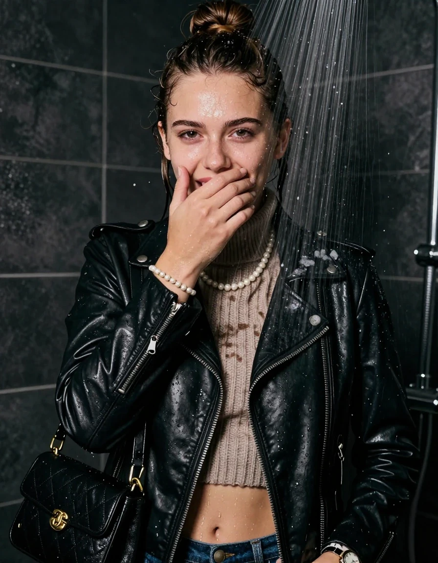 photo of young woman, in soaking wet, drenched clothes,
, , Biker leatherjacket, knit turtleneck sweater belly free, handbag, pearl necklace, bracelet, wristwatch, Under the shower, strong jet of water, party room, 
enjoying, wet clothes stuck to body,
detailed textures of the wet clothes, wet face, wet plastered hair,
wet, drenched, professional, high-quality details, full body view.
sharp focus, ultra-high pixel detail, realistic, high-quality, full colors, incredibly detailed, 4k, 8k, 16k, hyper-realistic, RAW photo, masterpiece, ultra-detailed, professionally color graded, professional photograph, topknot

 15 years old  teenage girl

Only head and shoulders are over the surface visible. Looking at camera. Hold her hand over her mouth.

The girls wear different clothes.

she is completely underwater up to her neck, happy and embarrassed expression. 

her clothing is soaking wet and clinging tightly to her skin, showing heavy wet folds, darkened fabric texture, and deep water-saturated Patches, her clothes are heavy from the water, water runs from her body and her clothes in streams. A lot of water also runs out of her clothes. Her clothes are darkened by the water. Her submerged clothes are good visible under the water.  she soaked her handbag into the water.

close up view, wet skin, wet clothes, wet hair, damp fabric, water runs down the clothes, wet skin, wet clothes, damp fabric. cinematic medium shot, hyper-realistic wetness, high-contrast water sheen, sharp focus, 16k resolution, professional photography, realistic water physics., wet skin, wet clothes, damp fabric, wet skin, wet clothes, damp fabric, wet skin, wet clothes, damp fabric