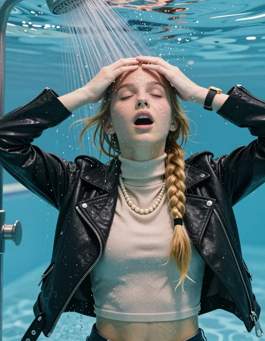 photo of young woman, in soaking wet, drenched clothes,
, , Biker leatherjacket, Tight knit turtleneck sweater belly free, handbag, pearl necklace, bracelet, wristwatch, Under the pool shower, strong jet of water, swimming pool, 
enjoying, wet clothes stuck to body,
detailed textures of the wet clothes, wet face, wet plastered hair,
wet, drenched, professional, high-quality details, full body view.
sharp focus, ultra-high pixel detail, realistic, high-quality, full colors, incredibly detailed, 4k, 8k, 16k, hyper-realistic, RAW photo, masterpiece, ultra-detailed, professionally color graded, professional photograph, blonde sleek long twisted ponytail

Two 15 years old  teenage girl

Only head and shoulders are over the surface visible. Open mouth, closed eyes. Looking up. Hold her hands over her forehead.

The girls wear different clothes.

she is completely underwater up to her neck, surprised and astonished expression. 

her submerged clothes are hardly vusible under water, she soaked her handbag into the water

close up view, wet skin, wet clothes, wet hair, damp fabric, water runs down the clothes, wet skin, wet clothes, damp fabric., wet skin, wet clothes, damp fabric, wet skin, wet clothes, damp fabric, wet skin, wet clothes, damp fabric, wet skin, wet clothes, damp fabric, wet skin, wet clothes, damp fabric, wet skin, wet clothes, damp fabric, wet skin, wet clothes, damp fabric, wet skin, wet clothes, damp fabric, wet skin, wet clothes, damp fabric