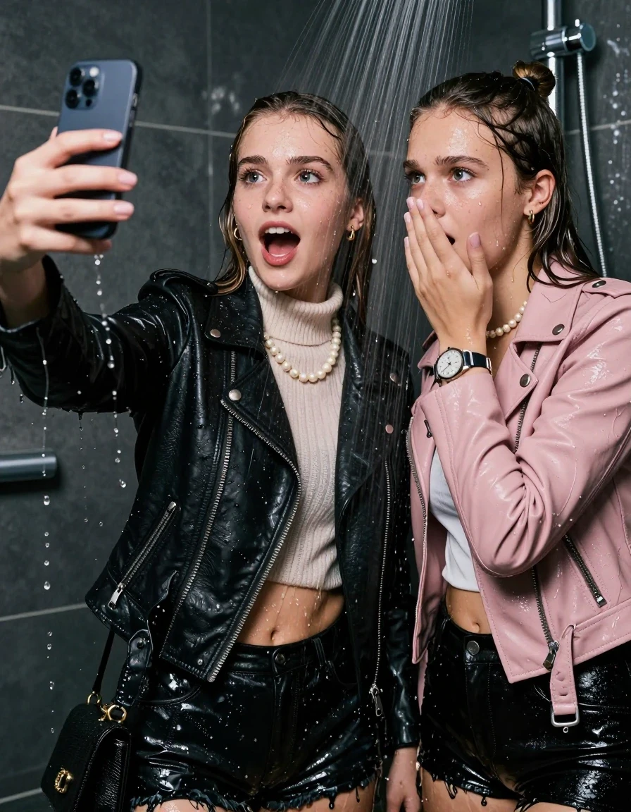 photo of young woman, in soaking wet, drenched clothes,
, , Black Biker leatherjacket and light pink leatherjacket, knit turtleneck sweater belly free, handbag, pearl necklace, bracelet, wristwatch, Under the shower, strong jet of water, party room, 
enjoying, wet clothes stuck to body,
detailed textures of the wet clothes, wet face, wet plastered hair,
wet, drenched, professional, high-quality details, full body view.
sharp focus, ultra-high pixel detail, realistic, high-quality, full colors, incredibly detailed, 4k, 8k, 16k, hyper-realistic, RAW photo, masterpiece, ultra-detailed, professionally color graded, professional photograph, sleek long straight hair and topknot

 two 15 years old  teenage girls

Only head and shoulders are over the surface visible. Looking at camera. Hold her hand in front of her nose. one girl take a selfie with her smartphone.

The girls wear different clothes.

she is completely underwater up to her neck, afraid and astonished expression and laughing.

her clothing is soaking wet and clinging tightly to her skin, showing heavy wet folds, darkened fabric texture, and deep water-saturated Patches, her clothes are heavy from the water, water runs from her body and her clothes in streams. A lot of water also runs out of her clothes. Her clothes are darkened by the water. Her submerged clothes are good visible under the water.  she soaked her handbag into the water.

close up view, wet skin, wet clothes, wet hair, damp fabric, water runs down the clothes, wet skin, wet clothes, damp fabric. cinematic medium shot, hyper-realistic wetness, high-contrast water sheen, sharp focus, 16k resolution, professional photography, realistic water physics., wet skin, wet clothes, damp fabric, wet skin, wet clothes, damp fabric, wet skin, wet clothes, damp fabric, wet skin, wet clothes, damp fabric