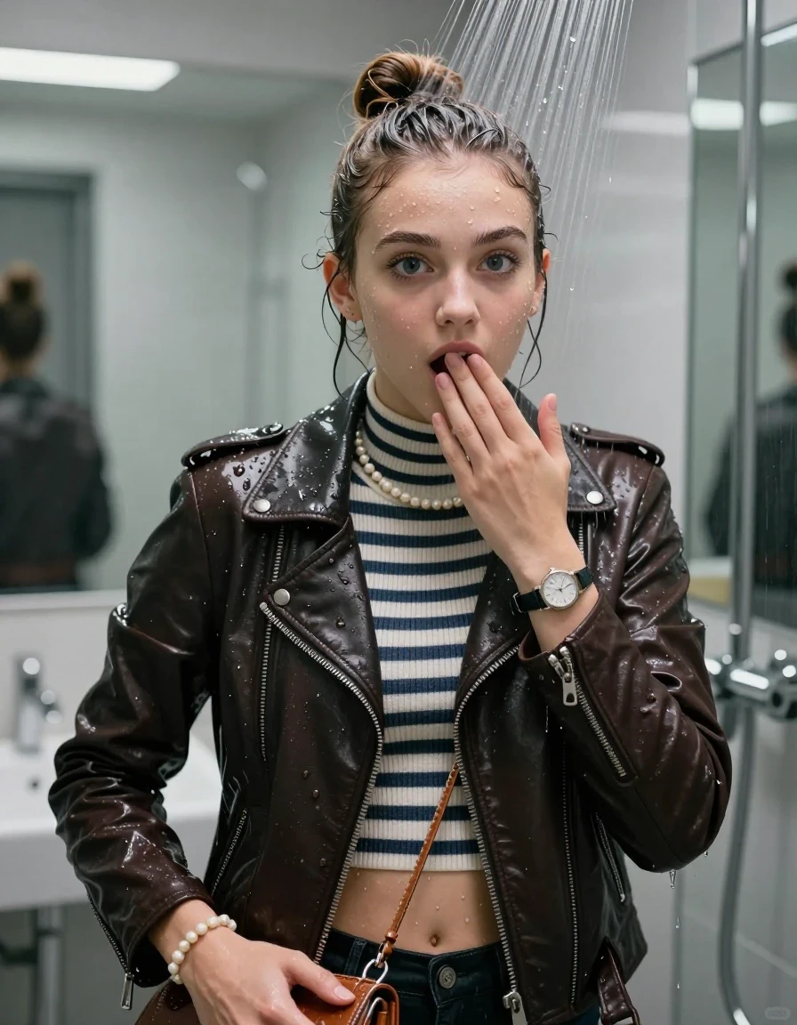 photo of young woman, in soaking wet, drenched clothes,
, , black Biker leatherjacket and brown biker leatherjacket, Tight Striped knit turtleneck sweater belly free, handbag, pearl necklace, bracelet, wristwatch, Under the shower, strong jet of water, modern mirrored bathroom, 
enjoying, wet clothes stuck to body,
detailed textures of the wet clothes, wet face, wet plastered hair,
wet, drenched, professional, high-quality details, full body view.
sharp focus, ultra-high pixel detail, realistic, high-quality, full colors, incredibly detailed, 4k, 8k, 16k, hyper-realistic, RAW photo, masterpiece, ultra-detailed, professionally color graded, professional photograph, Topknot

Two 15 years old  teenage girl

Only head and shoulders are over the surface visible. Open mouth, big eyes. Looking at camera. Hold a hand on her mouth.

she is completely underwater up to her neck, surprised and astonished expression. 

her submerged clothes are hardly vusible under water, she soaked her handbag into the water

close up view, wet skin, wet clothes, wet hair, damp fabric, water runs down the clothes, wet skin, wet clothes, damp fabric., wet skin, wet clothes, damp fabric, wet skin, wet clothes, damp fabric, wet skin, wet clothes, damp fabric, wet skin, wet clothes, damp fabric, wet skin, wet clothes, damp fabric, wet skin, wet clothes, damp fabric, wet skin, wet clothes, damp fabric, wet skin, wet clothes, damp fabric, wet skin, wet clothes, damp fabric