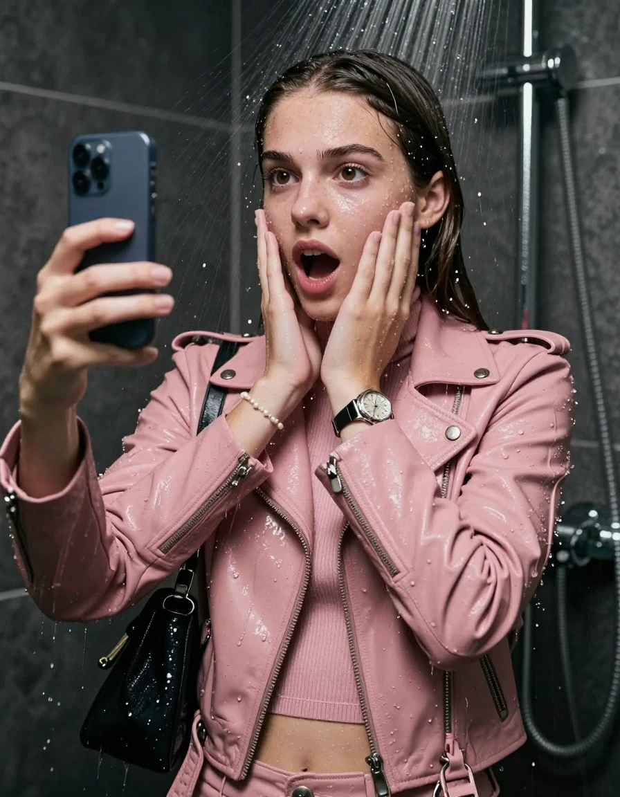 photo of young woman, in soaking wet, drenched clothes,
, , light pink biker leatherjacket, tight knit turtleneck sweater belly free, handbag, pearl necklace, bracelet, wristwatch, Under the shower, strong jet of water, party shower, 
enjoying, wet clothes stuck to body,
detailed textures of the wet clothes, wet face, wet plastered hair,
wet, drenched, professional, high-quality details, full body view.
sharp focus, ultra-high pixel detail, realistic, high-quality, full colors, incredibly detailed, 4k, 8k, 16k, hyper-realistic, RAW photo, masterpiece, ultra-detailed, professionally color graded, professional photograph, sleek long straight hair

 15 years old  teenage girl

Only head and shoulders are over the surface visible. Looking at camera. The water splashes directly into her face. Hold her hands over her chin.  open mouth, big eyes. take a selfie with her smartphone.

The girls wear different clothes.

she is completely underwater up to her neck, shocked and embarrassed expression. 

her clothing is soaking wet and clinging tightly to her skin, showing heavy wet folds, darkened fabric texture, and deep water-saturated Patches, her clothes are heavy from the water, water runs from her body and her clothes in streams. A lot of water also runs out of her clothes. Her clothes are darkened by the water. Her submerged clothes are good visible under the water.  she soaked her handbag into the water.

close up view, wet skin, wet clothes, wet hair, damp fabric, water runs down the clothes, wet skin, wet clothes, damp fabric. cinematic medium shot, hyper-realistic wetness, high-contrast water sheen, sharp focus, 16k resolution, professional photography, realistic water physics., wet skin, wet clothes, damp fabric, wet skin, wet clothes, damp fabric, wet skin, wet clothes, damp fabric, wet skin, wet clothes, damp fabric