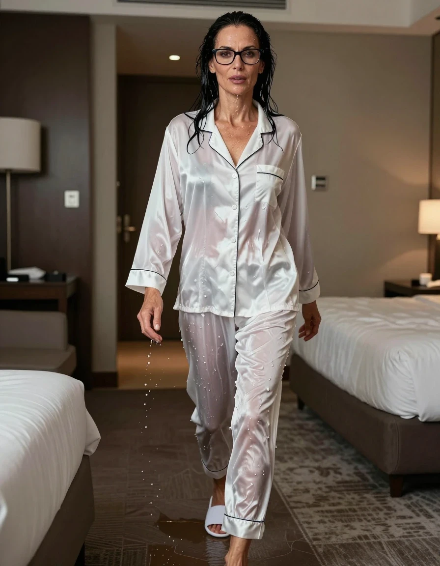 photo of young woman, in soaking wet, drenched clothes,
slippers, white silk satin pijama, white silk satin pijama, walking in hotel room, enjoying wet clothes stuck body, enjoying, wet clothes stuck to body, 
enjoying, wet clothes stuck to body,
detailed textures of the wet clothes, wet face, wet plastered hair,
wet, drenched, professional, high-quality details, full body view.
sharp focus, ultra-high pixel detail, realistic, high-quality, full colors, incredibly detailed, 4k, 8k, 16k, hyper-realistic, RAW photo, masterpiece, ultra-detailed, professionally color graded, professional photograph, europen brunette skinny woman 50 years old, long dark black hair, very big and thick lips,  office glasses, complete body, wet skin, wet clothes, damp fabric, wet skin, wet clothes, damp fabric, wet skin, wet clothes, damp fabric, wet skin, wet clothes, damp fabric, wet skin, wet clothes, damp fabric, wet skin, wet clothes, damp fabric, wet skin, wet clothes, damp fabric