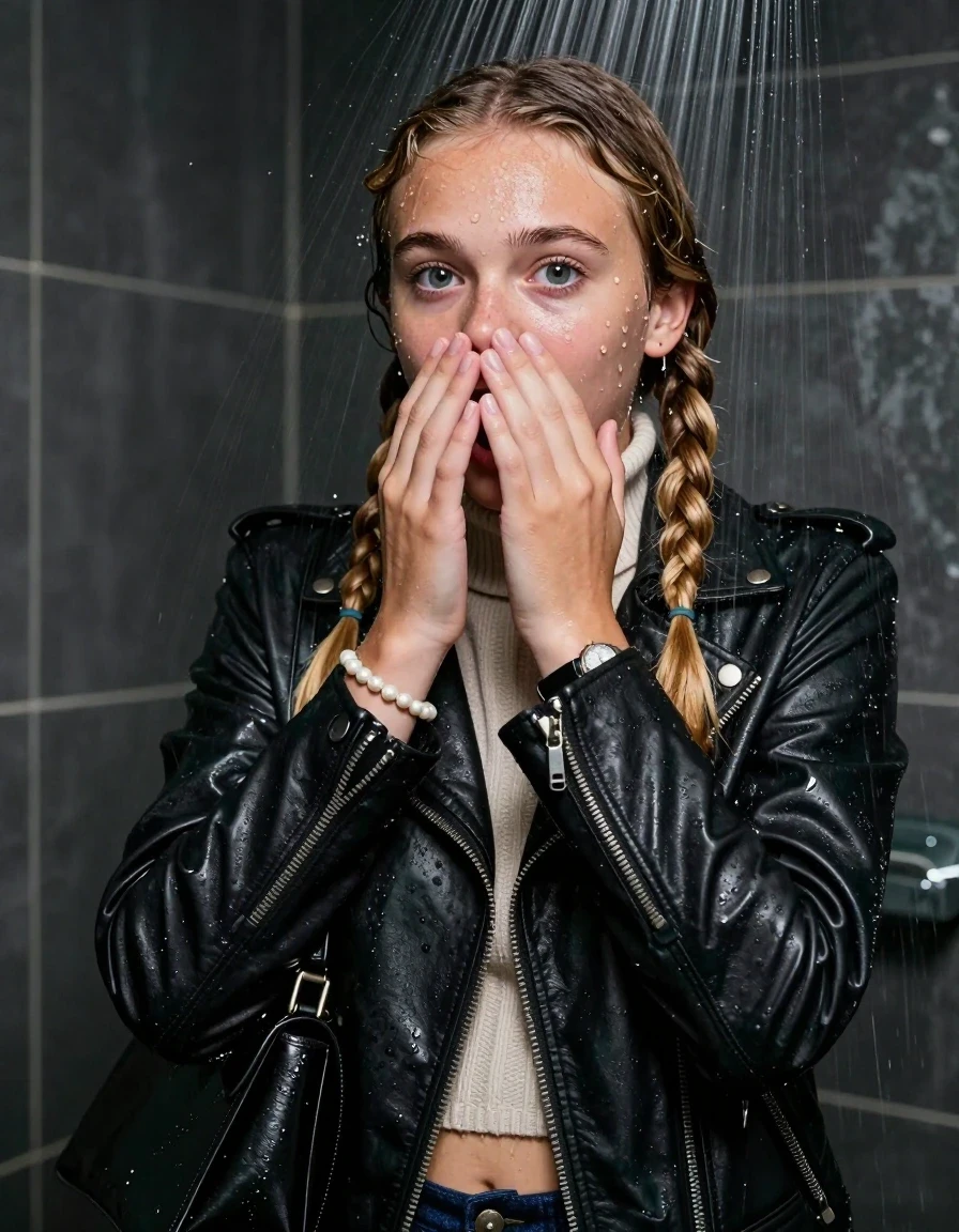 photo of young woman, in soaking wet, drenched clothes,
, , Biker leatherjacket, knit turtleneck sweater belly free, handbag, pearl necklace, bracelet, wristwatch, Under the shower, strong jet of water, party room, 
enjoying, wet clothes stuck to body,
detailed textures of the wet clothes, wet face, wet plastered hair,
wet, drenched, professional, high-quality details, full body view.
sharp focus, ultra-high pixel detail, realistic, high-quality, full colors, incredibly detailed, 4k, 8k, 16k, hyper-realistic, RAW photo, masterpiece, ultra-detailed, professionally color graded, professional photograph, Two blonde long braids 

 15 years old  school girl

Only head and shoulders are over the surface visible. Open mouth, big eyes. Looking at camera. Hold her hands on her mouth and nose.

The girls wear different clothes.

she is completely underwater up to her neck, surprised and astonished expression. 

her clothing is soaking wet and clinging tightly to her skin, showing heavy wet folds, darkened fabric texture, and deep water-saturated Patches, her clothes are heavy from the water, water runs from her body and her clothes in streams. A lot of water also runs out of her clothes. Her clothes are darkened by the water. Her submerged clothes are good visible under the water.  she soaked her handbag into the water.

close up view, wet skin, wet clothes, wet hair, damp fabric, water runs down the clothes, wet skin, wet clothes, damp fabric. cinematic medium shot, hyper-realistic wetness, high-contrast water sheen, sharp focus, 16k resolution, professional photography, realistic water physics., wet skin, wet clothes, damp fabric, wet skin, wet clothes, damp fabric, wet skin, wet clothes, damp fabric, wet skin, wet clothes, damp fabric