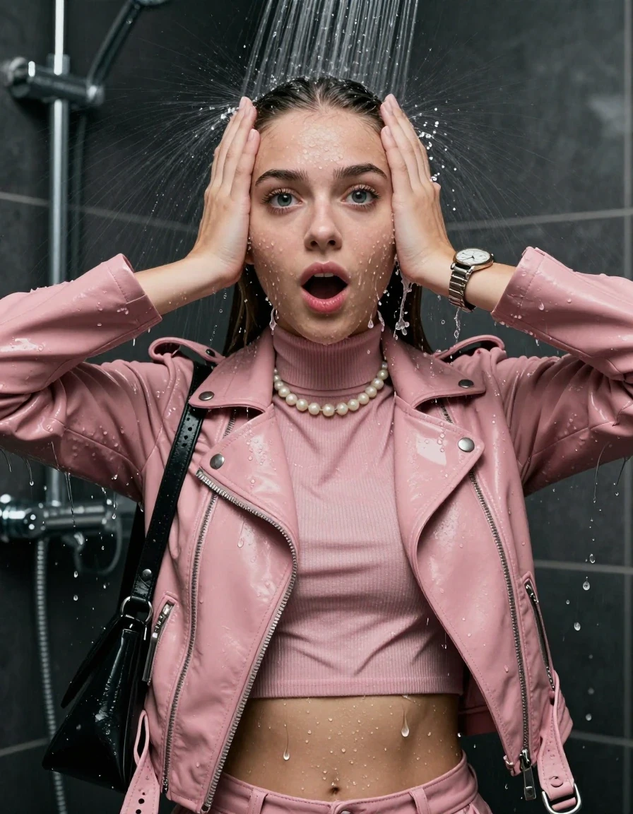 photo of young woman, in soaking wet, drenched clothes,
, , light pink biker leatherjacket, tight knit turtleneck sweater belly free, handbag, pearl necklace, bracelet, wristwatch, Under the shower, strong jet of water, party shower, 
enjoying, wet clothes stuck to body,
detailed textures of the wet clothes, wet face, wet plastered hair,
wet, drenched, professional, high-quality details, full body view.
sharp focus, ultra-high pixel detail, realistic, high-quality, full colors, incredibly detailed, 4k, 8k, 16k, hyper-realistic, RAW photo, masterpiece, ultra-detailed, professionally color graded, professional photograph, sleek long straight hair

 15 years old  teenage girl

Only head and shoulders are over the surface visible. Looking at camera. The water splashes directly into her face. Hold her hands over her face.  open mouth, big eyes. take a selfie with her smartphone.

The girls wear different clothes.

she is completely underwater up to her neck, shocked and embarrassed expression. 

her clothing is soaking wet and clinging tightly to her skin, showing heavy wet folds, darkened fabric texture, and deep water-saturated Patches, her clothes are heavy from the water, water runs from her body and her clothes in streams. A lot of water also runs out of her clothes. Her clothes are darkened by the water. Her submerged clothes are good visible under the water.  she soaked her handbag into the water.

close up view, wet skin, wet clothes, wet hair, damp fabric, water runs down the clothes, wet skin, wet clothes, damp fabric. cinematic medium shot, hyper-realistic wetness, high-contrast water sheen, sharp focus, 16k resolution, professional photography, realistic water physics., wet skin, wet clothes, damp fabric, wet skin, wet clothes, damp fabric, wet skin, wet clothes, damp fabric, wet skin, wet clothes, damp fabric