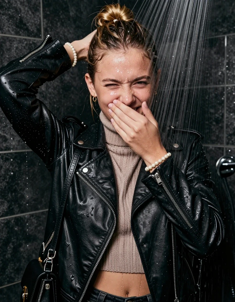 photo of young woman, in soaking wet, drenched clothes,
, , Biker leatherjacket, knit turtleneck sweater belly free, handbag, pearl necklace, bracelet, wristwatch, Under the shower, strong jet of water, party room, 
enjoying, wet clothes stuck to body,
detailed textures of the wet clothes, wet face, wet plastered hair,
wet, drenched, professional, high-quality details, full body view.
sharp focus, ultra-high pixel detail, realistic, high-quality, full colors, incredibly detailed, 4k, 8k, 16k, hyper-realistic, RAW photo, masterpiece, ultra-detailed, professionally color graded, professional photograph, Blonde topknot

 13-years-old  teenage girl

Only head and shoulders are over the surface visible. Looking at camera. Hold one hand over her mouth and nose. half closed eyes.

The girls wear different clothes.

she is completely underwater up to her neck, shy and awkward expression, slight giggle.

her clothing is soaking wet and clinging tightly to her skin, showing heavy wet folds, darkened fabric texture, and deep water-saturated Patches, her clothes are heavy from the water, water runs from her body and her clothes in streams. A lot of water also runs out of her clothes. Her clothes are darkened by the water. Her submerged clothes are good visible under the water.  she soaked her handbag into the water.

close up view, wet skin, wet clothes, wet hair, damp fabric, water runs down the clothes, wet skin, wet clothes, damp fabric. cinematic medium shot, hyper-realistic wetness, high-contrast water sheen, sharp focus, 16k resolution, professional photography, realistic water physics., wet skin, wet clothes, damp fabric, wet skin, wet clothes, damp fabric, wet skin, wet clothes, damp fabric
