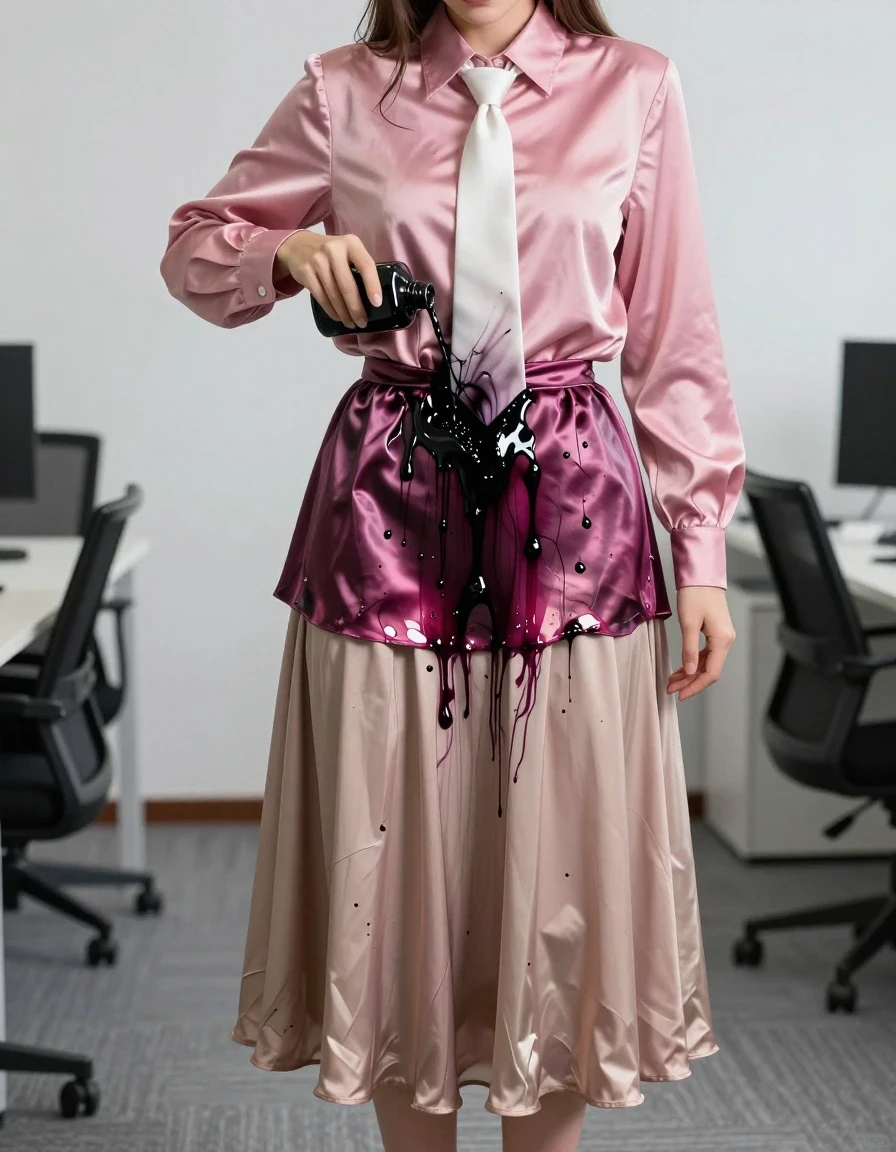 A photorealistic medium shot of a young adult European woman in a professional office setting. She is wearing a pink satin long-sleeved oversized blouse with a crisp white necktie, paired with a beige floor-length excessively long silk skirt featuring layers of petticoat underneath, and simple sandals on her feet. A large bottle of black ink has spilled from her breast pocket, saturating the front of the pink satin blouse; the fabric is heavily soaked, clinging to her skin, darkened to a deep magenta-black where the ink has permeated, with heavy, wet, liquid-slicked folds and glossy reflections. The ink continues to drip down, staining the beige silk skirt with dark, spreading ink blots and water-saturated streaks, making the silk heavy, translucent in patches, and clingy against her legs. The office environment is bright and sterile, with soft ambient light highlighting the wet sheen on the satin and silk fabrics. High-resolution photography, 8k, sharp focus on the textures of the soaked silk and satin, realistic fabric weight, subtle ink drips, cinematic lighting, natural skin texture.