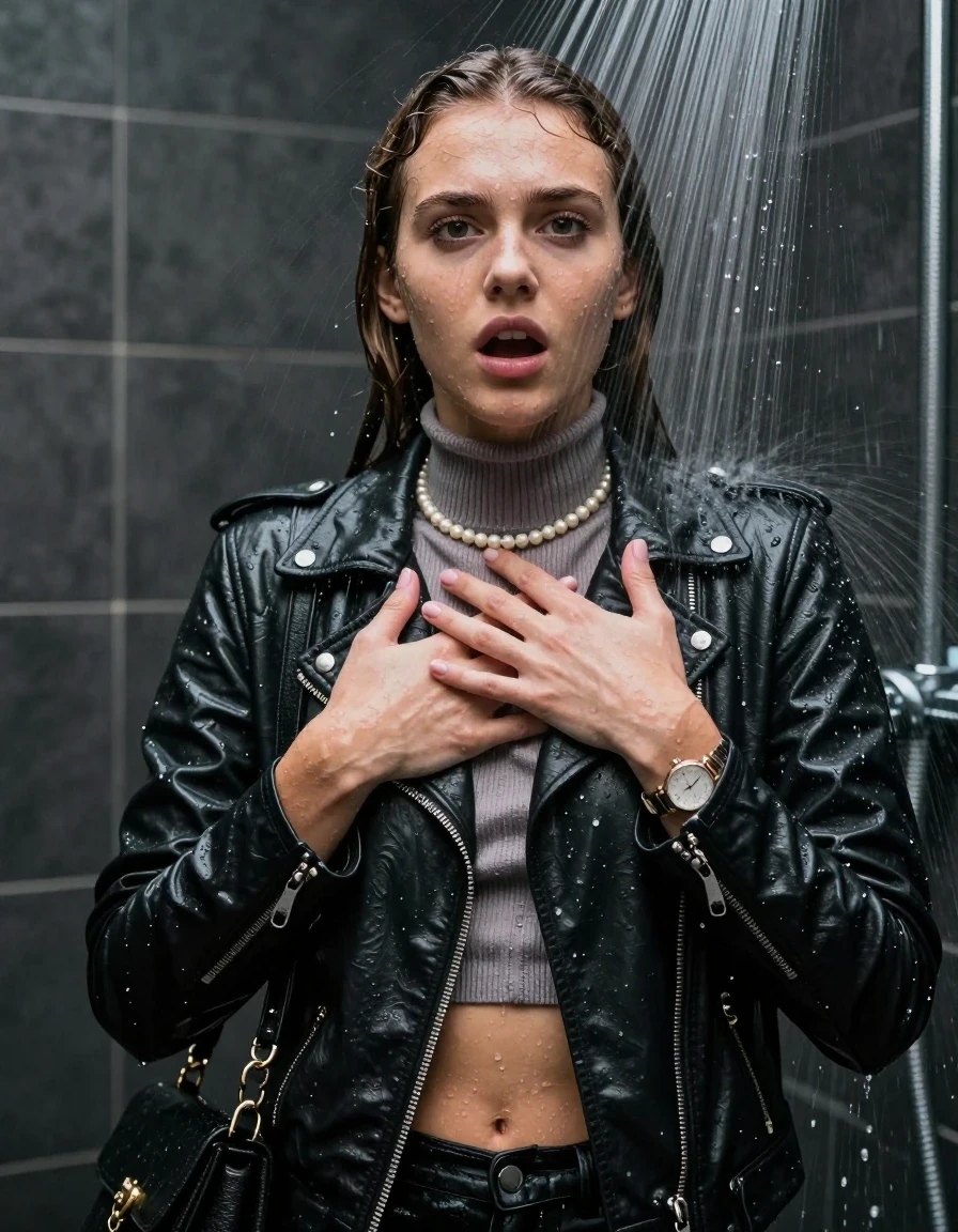 photo of young woman, in soaking wet, drenched clothes,
, , Biker leatherjacket, knit turtleneck sweater belly free, handbag, pearl necklace, bracelet, wristwatch, Under the shower, strong jet of water, party shower, 
enjoying, wet clothes stuck to body,
detailed textures of the wet clothes, wet face, wet plastered hair,
wet, drenched, professional, high-quality details, full body view.
sharp focus, ultra-high pixel detail, realistic, high-quality, full colors, incredibly detailed, 4k, 8k, 16k, hyper-realistic, RAW photo, masterpiece, ultra-detailed, professionally color graded, professional photograph, sleek long straight hair

 15 years old  teenage girl

Only head and shoulders are over the surface visible. Looking at camera. Hold her hands over her chest. open mouth.

The girls wear different clothes.

she is completely underwater up to her neck, shocked and embarrassed expression. 

her clothing is soaking wet and clinging tightly to her skin, showing heavy wet folds, darkened fabric texture, and deep water-saturated Patches, her clothes are heavy from the water, water runs from her body and her clothes in streams. A lot of water also runs out of her clothes. Her clothes are darkened by the water. Her submerged clothes are good visible under the water.  she soaked her handbag into the water.

close up view, wet skin, wet clothes, wet hair, damp fabric, water runs down the clothes, wet skin, wet clothes, damp fabric. cinematic medium shot, hyper-realistic wetness, high-contrast water sheen, sharp focus, 8k resolution, professional photography, realistic water physics., wet skin, wet clothes, damp fabric, wet skin, wet clothes, damp fabric, wet skin, wet clothes, damp fabric