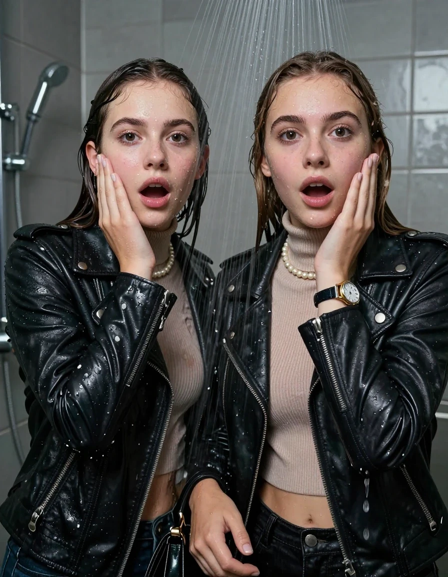 photo of young woman, in soaking wet, drenched clothes,
, , Biker leatherjacket, Tight knit turtleneck sweater belly free, handbag, pearl necklace, bracelet, wristwatch, Under the shower, strong jet of water, party room, 
enjoying, wet clothes stuck to body,
detailed textures of the wet clothes, wet face, wet plastered hair,
wet, drenched, professional, high-quality details, full body view.
sharp focus, ultra-high pixel detail, realistic, high-quality, full colors, incredibly detailed, 4k, 8k, 16k, hyper-realistic, RAW photo, masterpiece, ultra-detailed, professionally color graded, professional photograph, sleek long straight hair

Two 15 years old  teenage girl

Only head and shoulders are over the surface visible. Open mouth, big eyes. Looking at camera. Hold her hand in front of her cheek.

The girls wear different clothes.

she is completely underwater up to her neck, surprised and astonished expression. 

her clothing is soaking wet and clinging tightly to her skin, showing heavy wet folds, darkened fabric texture, and deep water-saturated Patches, her clothes are heavy from the water, water runs from her body and her clothes in streams. A lot of water also runs out of her clothes. Her clothes are darkened by the water. Her submerged clothes are good visible under the water.  she soaked her handbag into the water.

close up view, wet skin, wet clothes, wet hair, damp fabric, water runs down the clothes, wet skin, wet clothes, damp fabric. Sharp focus, 8k resolution, professional photography, realistic water physics., wet skin, wet clothes, damp fabric