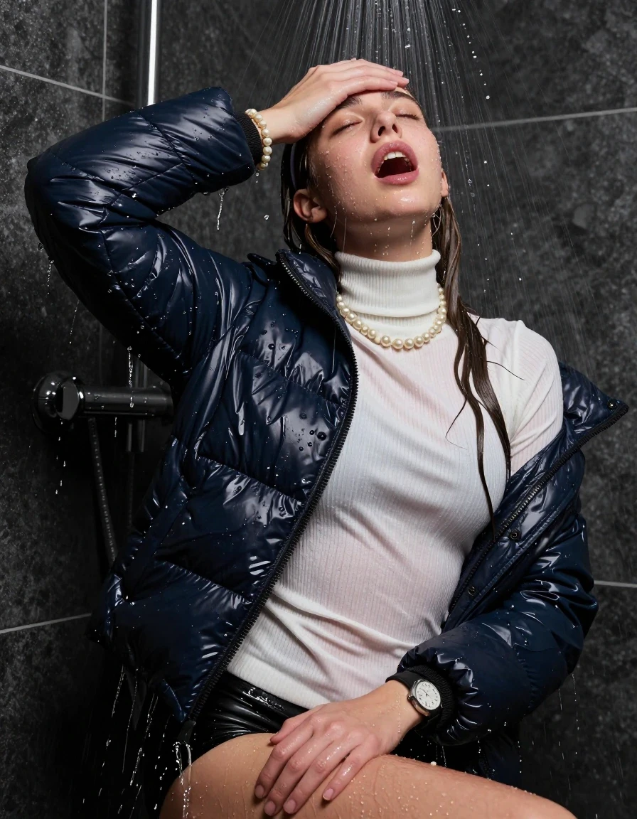 photo of young woman, in soaking wet, drenched clothes,
, , Moncler shiny puffer down jacket, tight white knit turtleneck sweater, shoulderbag, pearl necklace, bracelet, wristwatch, Masturbate Under the shower, strong jet of water, party room, 
enjoying, wet clothes stuck to body,
detailed textures of the wet clothes, wet face, wet plastered hair,
wet, drenched, professional, high-quality details, full body view.
sharp focus, ultra-high pixel detail, realistic, high-quality, full colors, incredibly detailed, 4k, 8k, 16k, hyper-realistic, RAW photo, masterpiece, ultra-detailed, professionally color graded, professional photograph, sleek long straight hair with hairband 

 15 years old  teenage girl

Only head and shoulders are over the surface visible. Open mouth, closed eyes. Looking up. She masturbate with one hand between her legs and hold the other hand over her forehead. has an orgasm.

The girls wear different clothes.

she is completely underwater up to her neck, surprised and astonished expression. 

her clothing is soaking wet and clinging tightly to her skin, showing heavy wet folds, darkened fabric texture, and deep water-saturated Patches, her clothes are heavy from the water, water runs from her body and her clothes in streams. A lot of water also runs out of her clothes. Her clothes are darkened by the water. Her submerged clothes are good visible under the water.  she soaked her handbag into the water.

close up view, wet skin, wet clothes, wet hair, damp fabric, water runs down the clothes, wet skin, wet clothes, damp fabric. cinematic medium shot, hyper-realistic wetness, high-contrast water sheen, sharp focus, 16k resolution, professional photography, realistic water physics., wet skin, wet clothes, damp fabric, wet skin, wet clothes, damp fabric, wet skin, wet clothes, damp fabric, wet skin, wet clothes, damp fabric
