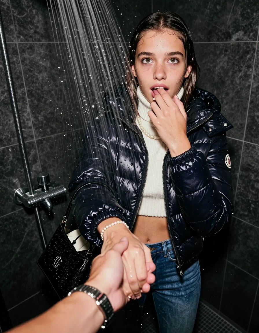 photo of young woman, in soaking wet, drenched clothes,
Heels, Tight Skinny jeans, Moncler shiny puffer down jacket , white knit turtleneck sweater belly free, handbag, pearl necklace, bracelet, wristwatch, Under the shower, strong jet of water, party room, 
enjoying, wet clothes stuck to body,
detailed textures of the wet clothes, wet face, wet plastered hair,
wet, drenched, professional, high-quality details, full body view.
sharp focus, ultra-high pixel detail, realistic, high-quality, full colors, incredibly detailed, 4k, 8k, 16k, hyper-realistic, RAW photo, masterpiece, ultra-detailed, professionally color graded, professional photograph, sleek long straight hair, wer plastered hair

 15-years-old teenage girl

 0ne hand with a finger at her tongue  inside her mouth, hold with the other the female viewer's hand, pulling them toward the center of the water. 

Only head and shoulders are over the surface visible. Looking up. 

The girls wear different clothes.

she is completely underwater up to her neck, afraid and astonished expression. Slight smile.

her clothing is soaking wet and clinging tightly to her skin, showing heavy wet folds, darkened fabric texture, and deep water-saturated Patches, her clothes are heavy from the water, water runs from her body and her clothes in streams. A lot of water also runs out of her clothes. Her clothes are darkened by the water. Her submerged clothes are good visible under the water.  she soaked her handbag into the water.

close up view, wet skin, wet clothes, wet hair, damp fabric, water runs down the clothes, wet skin, wet clothes, damp fabric. cinematic medium shot, hyper-realistic wetness, high-contrast water sheen, sharp focus, 16k resolution, professional photography, realistic water physics., wet skin, wet clothes, damp fabric, wet skin, wet clothes, damp fabric, wet skin, wet clothes, damp fabric
