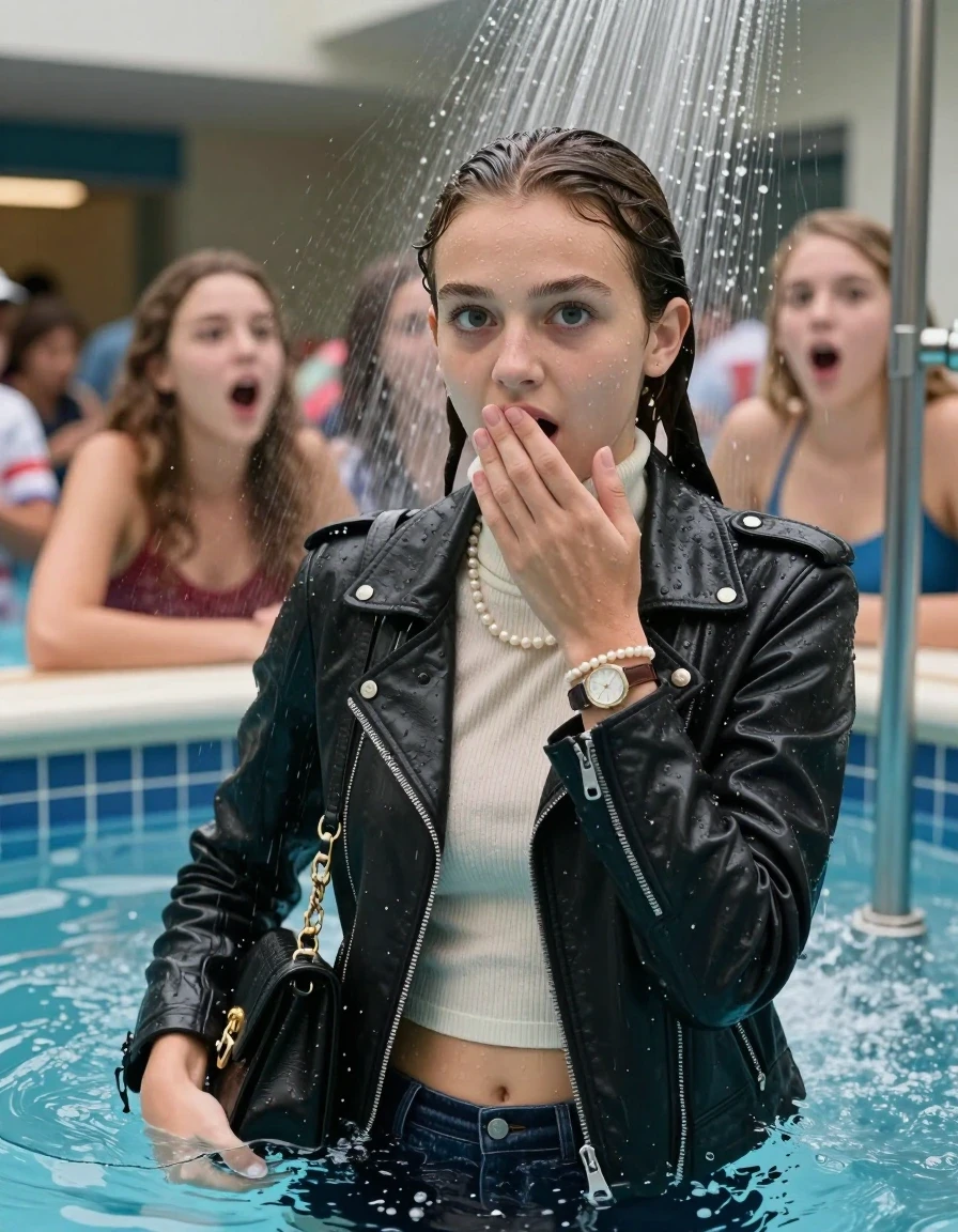 photo of young woman, in soaking wet, drenched clothes,
, , Biker leatherjacket, Tight knit turtleneck sweater belly free, handbag, pearl necklace, bracelet, wristwatch, Under the pool shower, strong jet of water, indoor swimming pool, pool party, shocked friends watching her from the edge, 
enjoying, wet clothes stuck to body,
detailed textures of the wet clothes, wet face, wet plastered hair,
wet, drenched, professional, high-quality details, full body view.
sharp focus, ultra-high pixel detail, realistic, high-quality, full colors, incredibly detailed, 4k, 8k, 16k, hyper-realistic, RAW photo, masterpiece, ultra-detailed, professionally color graded, professional photograph, sleek long twisted ponytail

Two 15 years old  teenage girl

Only head and shoulders are over the surface visible. Open mouth, big eyes. Looking at camera. Hold her hand on her mouth.

The girls wear different clothes.

she is completely underwater up to her neck, surprised and astonished expression. 

her submerged clothes are hardly vusible under water, she soaked her handbag into the water

close up view, wet skin, wet clothes, wet hair, damp fabric, water runs down the clothes, wet skin, wet clothes, damp fabric., wet skin, wet clothes, damp fabric, wet skin, wet clothes, damp fabric, wet skin, wet clothes, damp fabric, wet skin, wet clothes, damp fabric, wet skin, wet clothes, damp fabric, wet skin, wet clothes, damp fabric, wet skin, wet clothes, damp fabric, wet skin, wet clothes, damp fabric, wet skin, wet clothes, damp fabric