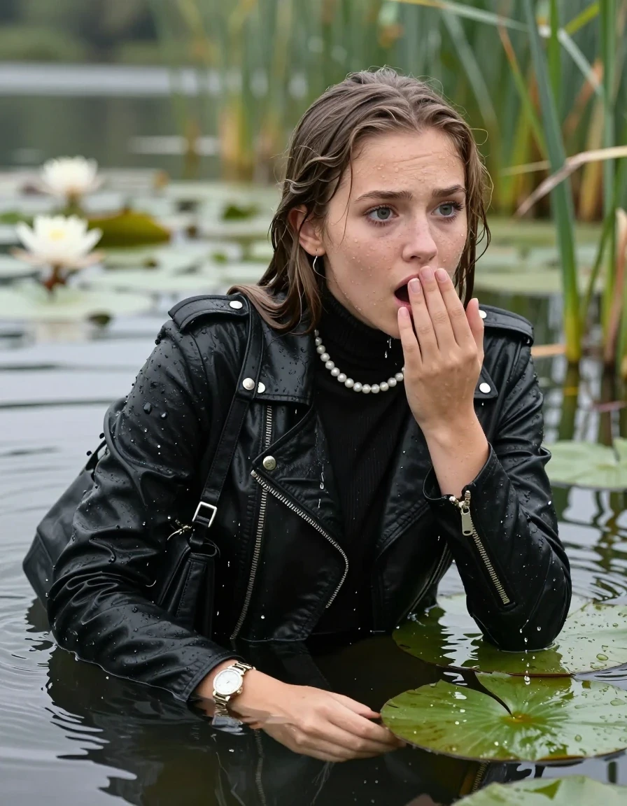 photo of young woman, in soaking wet, drenched clothes,
, , Black Biker leatherjacket, tight knit turtleneck sweater belly free, shoulderbag, pearl necklace, bracelet, wristwatch, drowning in a lake with water lilies and reeds, 
enjoying, wet clothes stuck to body,
detailed textures of the wet clothes, wet face, wet plastered hair,
wet, drenched, professional, high-quality details, full body view.
sharp focus, ultra-high pixel detail, realistic, high-quality, full colors, incredibly detailed, 4k, 8k, 16k, hyper-realistic, RAW photo, masterpiece, ultra-detailed, professionally color graded, professional photograph, sleek long straight hair

15 years old  teenage girls

Only head and shoulders are over the surface visible. Open mouth, big eyes. hold a hand on her mouth. leaning forward, lay her breast on the surface and tries to swim.

The girls wear different clothes.

she is completely underwater up to her neck, afraid and astonished expression. 

her clothing is soaking wet and clinging tightly to her skin, showing heavy wet folds, darkened fabric texture, and deep water-saturated Patches, her clothes are heavy from the water, water runs from her body and her clothes in streams. A lot of water also runs out of her clothes. Her clothes are darkened by the water. Her submerged clothes are good visible under the water.  she soaked her handbag into the water.

close up view, zoom in, wet skin, wet clothes, wet hair, damp fabric, water runs down the clothes, wet skin, wet clothes, damp fabric. cinematic medium shot, hyper-realistic wetness, high-contrast water sheen, sharp focus, 16k resolution, professional photography, realistic water physics., wet skin, wet clothes, damp fabric, wet skin, wet clothes, damp fabric, wet skin, wet clothes, damp fabric