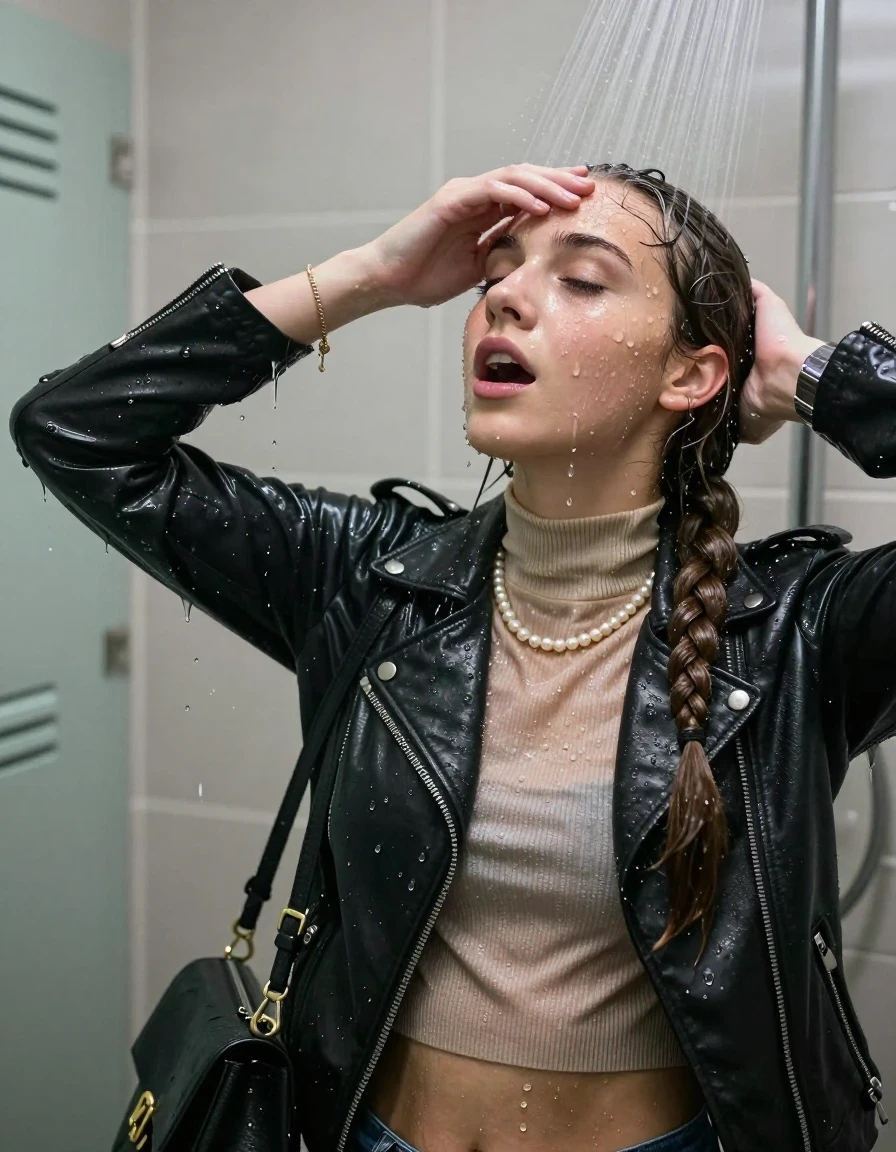 photo of young woman, in soaking wet, drenched clothes,
, , Biker leatherjacket, Tight knit turtleneck sweater belly free, handbag, pearl necklace, bracelet, wristwatch, Under the shower, strong jet of water, lokker room, 
enjoying, wet clothes stuck to body,
detailed textures of the wet clothes, wet face, wet plastered hair,
wet, drenched, professional, high-quality details, full body view.
sharp focus, ultra-high pixel detail, realistic, high-quality, full colors, incredibly detailed, 4k, 8k, 16k, hyper-realistic, RAW photo, masterpiece, ultra-detailed, professionally color graded, professional photograph, sleek long twisted ponytail

Two 15 years old  teenage girl

Only head and shoulders are over the surface visible. Open mouth, closed eyes. Looking up. Hold a hand over her forehead.

she is completely underwater up to her neck, surprised and astonished expression. 

her submerged clothes are hardly vusible under water, she soaked her handbag into the water

close up view, wet skin, wet clothes, wet hair, damp fabric, water runs down the clothes, wet skin, wet clothes, damp fabric., wet skin, wet clothes, damp fabric, wet skin, wet clothes, damp fabric, wet skin, wet clothes, damp fabric, wet skin, wet clothes, damp fabric, wet skin, wet clothes, damp fabric, wet skin, wet clothes, damp fabric, wet skin, wet clothes, damp fabric, wet skin, wet clothes, damp fabric, wet skin, wet clothes, damp fabric