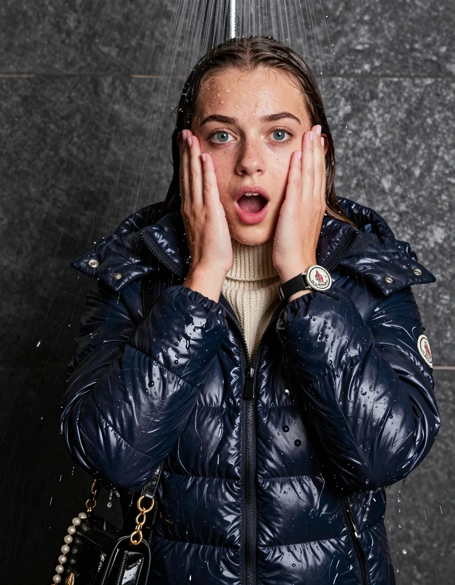 photo of young woman, in soaking wet, drenched clothes,
, , moncler shiny puffer down jacket, knit turtleneck sweater belly free, handbag, pearl necklace, bracelet, wristwatch, Under the shower, strong jet of water, party shower, 
enjoying, wet clothes stuck to body,
detailed textures of the wet clothes, wet face, wet plastered hair,
wet, drenched, professional, high-quality details, full body view.
sharp focus, ultra-high pixel detail, realistic, high-quality, full colors, incredibly detailed, 4k, 8k, 16k, hyper-realistic, RAW photo, masterpiece, ultra-detailed, professionally color graded, professional photograph, sleek long straight hair

 15 years old  teenage girl

Only head and shoulders are over the surface visible. Looking at camera. The water splashes directly into her face. Hold her hands over her face.  open mouth, big eyes.

The girls wear different clothes.

she is completely underwater up to her neck, shocked and embarrassed expression. 

her clothing is soaking wet and clinging tightly to her skin, showing heavy wet folds, darkened fabric texture, and deep water-saturated Patches, her clothes are heavy from the water, water runs from her body and her clothes in streams. A lot of water also runs out of her clothes. Her clothes are darkened by the water. Her submerged clothes are good visible under the water.  she soaked her handbag into the water.

close up view, wet skin, wet clothes, wet hair, damp fabric, water runs down the clothes, wet skin, wet clothes, damp fabric. cinematic medium shot, hyper-realistic wetness, high-contrast water sheen, sharp focus, 8k resolution, professional photography, realistic water physics., wet skin, wet clothes, damp fabric, wet skin, wet clothes, damp fabric, wet skin, wet clothes, damp fabric