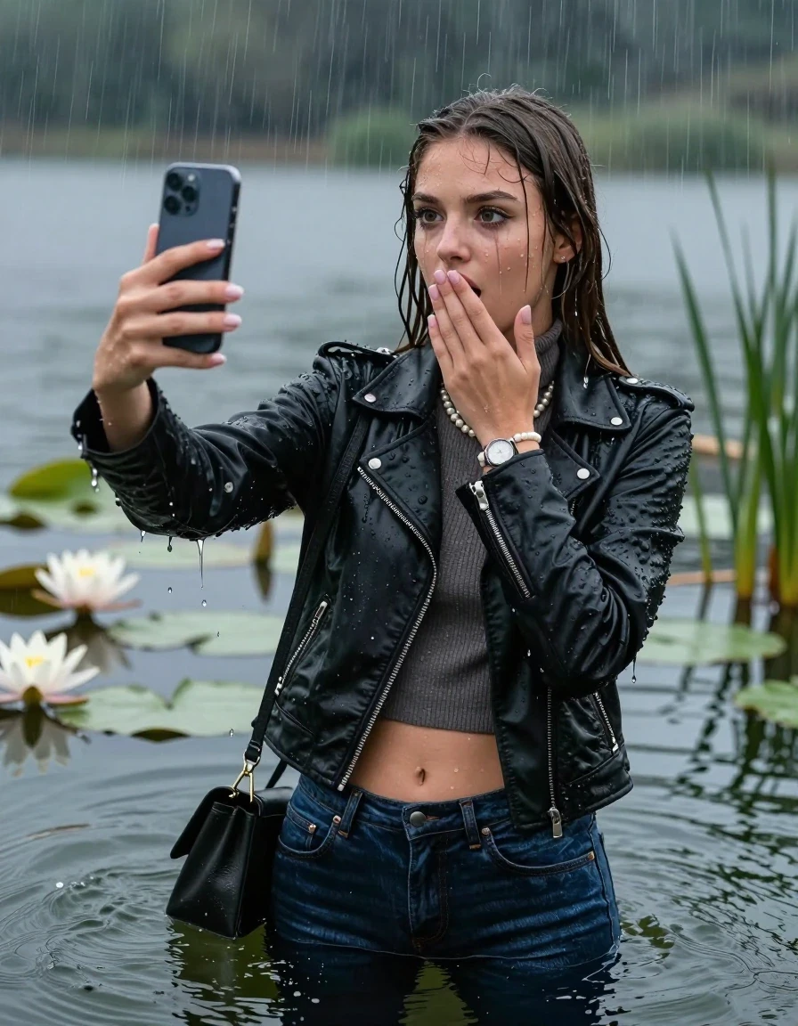 photo of young woman, in soaking wet, drenched clothes,
, skinny jeans, Black Biker leatherjacket, tight knit turtleneck sweater belly free, handbag, pearl necklace, bracelet, wristwatch, Emerging after diving in a lake with water lilies and reeds, heavy rain falls directely on her heads, 
enjoying, wet clothes stuck to body,
detailed textures of the wet clothes, wet face, wet plastered hair,
wet, drenched, professional, high-quality details, full body view.
sharp focus, ultra-high pixel detail, realistic, high-quality, full colors, incredibly detailed, 4k, 8k, 16k, hyper-realistic, RAW photo, masterpiece, ultra-detailed, professionally color graded, professional photograph, sleek long straight hair

15 years old  teenage girls

Only head and shoulders are over the surface visible. Open mouth, big eyes. Looking at camera. hold one hand on her mouth and take with the other hand a selfie with her smartphone. Eyeliner is running down the cheeks.

The girls wear different clothes.

she is completely underwater up to her neck, horny and astonished expression. 

her clothing is soaking wet and clinging tightly to her skin, showing heavy wet folds, darkened fabric texture, and deep water-saturated Patches, her clothes are heavy from the water, water runs from her body and her clothes in streams. A lot of water also runs out of her clothes. Her clothes are darkened by the water. Her submerged clothes are good visible under the water.  she soaked her handbag into the water.

close up view, wet skin, wet clothes, wet hair, damp fabric, water runs down the clothes, wet skin, wet clothes, damp fabric. cinematic medium shot, hyper-realistic wetness, high-contrast water sheen, sharp focus, 16k resolution, professional photography, realistic water physics., wet skin, wet clothes, damp fabric, wet skin, wet clothes, damp fabric, wet skin, wet clothes, damp fabric