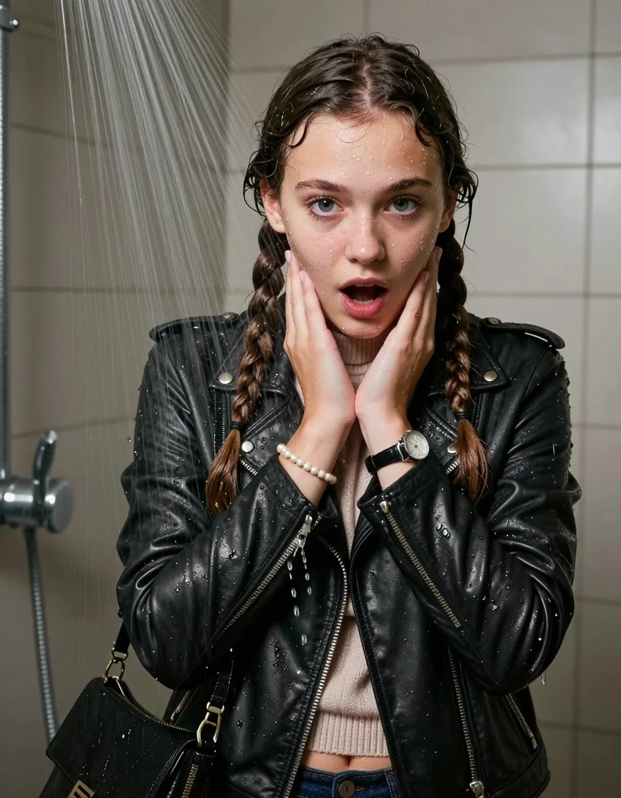 photo of young woman, in soaking wet, drenched clothes,
, , Biker leatherjacket, knit turtleneck sweater belly free, handbag, pearl necklace, bracelet, wristwatch, Under the shower, strong jet of water, party room, 
enjoying, wet clothes stuck to body,
detailed textures of the wet clothes, wet face, wet plastered hair,
wet, drenched, professional, high-quality details, full body view.
sharp focus, ultra-high pixel detail, realistic, high-quality, full colors, incredibly detailed, 4k, 8k, 16k, hyper-realistic, RAW photo, masterpiece, ultra-detailed, professionally color graded, professional photograph, Two long braids 

 15 years old  school girl

Only head and shoulders are over the surface visible. Open mouth, big eyes. Looking down. Hold her hands on her chin.

The girls wear different clothes.

she is completely underwater up to her neck, surprised and astonished expression. 

her clothing is soaking wet and clinging tightly to her skin, showing heavy wet folds, darkened fabric texture, and deep water-saturated Patches, her clothes are heavy from the water, water runs from her body and her clothes in streams. A lot of water also runs out of her clothes. Her clothes are darkened by the water. Her submerged clothes are good visible under the water.  she soaked her handbag into the water.

close up view, wet skin, wet clothes, wet hair, damp fabric, water runs down the clothes, wet skin, wet clothes, damp fabric. cinematic medium shot, hyper-realistic wetness, high-contrast water sheen, sharp focus, 16k resolution, professional photography, realistic water physics., wet skin, wet clothes, damp fabric, wet skin, wet clothes, damp fabric, wet skin, wet clothes, damp fabric, wet skin, wet clothes, damp fabric