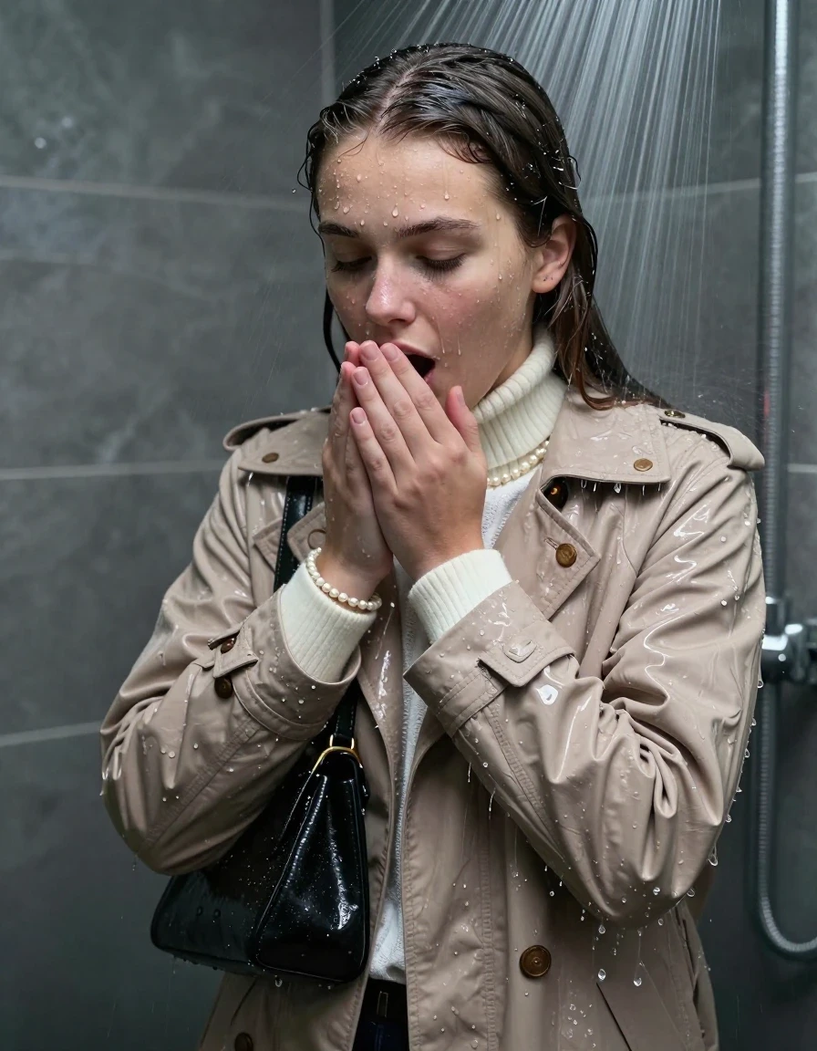 photo of young woman, in soaking wet, drenched clothes,
, , Beige woolen Wintercoat , white knit turtleneck sweater, handbag, pearl necklace, bracelet, wristwatch, Under the shower, strong jet of water, party room, 
enjoying, wet clothes stuck to body,
detailed textures of the wet clothes, wet face, wet plastered hair,
wet, drenched, professional, high-quality details, full body view.
sharp focus, ultra-high pixel detail, realistic, high-quality, full colors, incredibly detailed, 4k, 8k, 16k, hyper-realistic, RAW photo, masterpiece, ultra-detailed, professionally color graded, professional photograph, sleek long straight hair

 15 years old  school girl

Only head and shoulders are over the surface visible. Open mouth, closed eyes. Looking down. Hold her hands on her mouth.

The girls wear different clothes.

she is completely underwater up to her neck, surprised and astonished expression. 

her clothing is soaking wet and clinging tightly to her skin, showing heavy wet folds, darkened fabric texture, and deep water-saturated Patches, her clothes are heavy from the water, water runs from her body and her clothes in streams. A lot of water also runs out of her clothes. Her clothes are darkened by the water. Her submerged clothes are good visible under the water.  she soaked her handbag into the water.

close up view, wet skin, wet clothes, wet hair, damp fabric, water runs down the clothes, wet skin, wet clothes, damp fabric. cinematic medium shot, hyper-realistic wetness, high-contrast water sheen, sharp focus, 16k resolution, professional photography, realistic water physics., wet skin, wet clothes, damp fabric, wet skin, wet clothes, damp fabric, wet skin, wet clothes, damp fabric