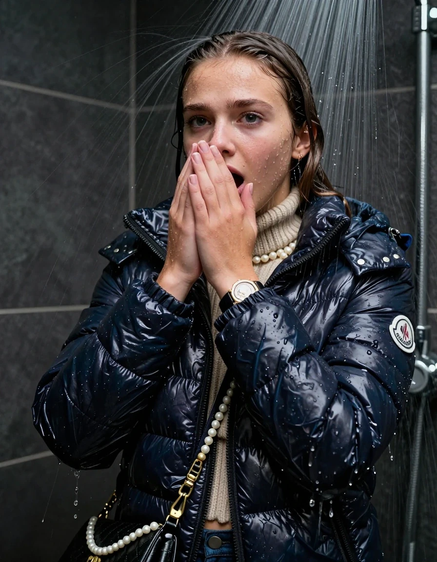 photo of young woman, in soaking wet, drenched clothes,
, , moncler shiny puffer down jacket, knit turtleneck sweater belly free, handbag, pearl necklace, bracelet, wristwatch, Under the shower, strong jet of water, party shower, 
enjoying, wet clothes stuck to body,
detailed textures of the wet clothes, wet face, wet plastered hair,
wet, drenched, professional, high-quality details, full body view.
sharp focus, ultra-high pixel detail, realistic, high-quality, full colors, incredibly detailed, 4k, 8k, 16k, hyper-realistic, RAW photo, masterpiece, ultra-detailed, professionally color graded, professional photograph, sleek long straight hair

 15 years old  teenage girl

Only head and shoulders are over the surface visible. Looking at camera. Hold her hand in front of her nose. open mouth.

The girls wear different clothes.

she is completely underwater up to her neck, shocked and embarrassed expression. 

her clothing is soaking wet and clinging tightly to her skin, showing heavy wet folds, darkened fabric texture, and deep water-saturated Patches, her clothes are heavy from the water, water runs from her body and her clothes in streams. A lot of water also runs out of her clothes. Her clothes are darkened by the water. Her submerged clothes are good visible under the water.  she soaked her handbag into the water.

close up view, wet skin, wet clothes, wet hair, damp fabric, water runs down the clothes, wet skin, wet clothes, damp fabric. cinematic medium shot, hyper-realistic wetness, high-contrast water sheen, sharp focus, 8k resolution, professional photography, realistic water physics., wet skin, wet clothes, damp fabric, wet skin, wet clothes, damp fabric, wet skin, wet clothes, damp fabric