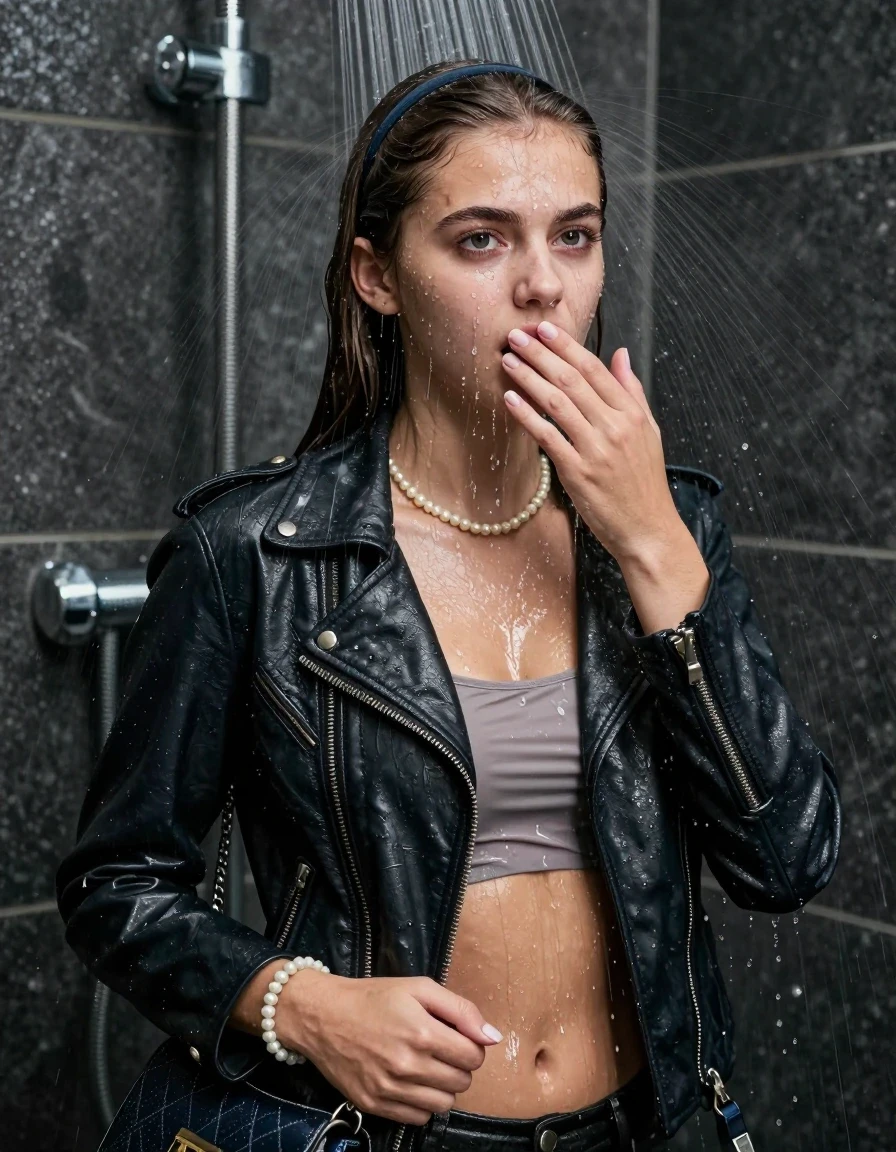 photo of young woman, in soaking wet, drenched clothes,
, , biker leatherjacket, tight sexy tshirt belly free, handbag, pearl necklace, bracelet, wristwatch, Under the shower, strong jet of water, party shower, 
enjoying, wet clothes stuck to body,
detailed textures of the wet clothes, wet face, wet plastered hair,
wet, drenched, professional, high-quality details, full body view.
sharp focus, ultra-high pixel detail, realistic, high-quality, full colors, incredibly detailed, 4k, 8k, 16k, hyper-realistic, RAW photo, masterpiece, ultra-detailed, professionally color graded, professional photograph, sleek long straight hair, hairband

 15 years old  teenage girl

Only head and shoulders are over the surface visible. Looking slightly away, eyes look at camera. The water splashes directly into her face. Hold her hand on her mouth.  open mouth, big eyes.

The girls wear different clothes.

she is completely underwater up to her neck, arrogant and frustrated expression. 

her clothing is soaking wet and clinging tightly to her skin, showing heavy wet folds, darkened fabric texture, and deep water-saturated Patches, her clothes are heavy from the water, water runs from her body and her clothes in streams. A lot of water also runs out of her clothes. Her clothes are darkened by the water. Her submerged clothes are good visible under the water.  she soaked her handbag into the water.

close up view, wet skin, wet clothes, wet hair, damp fabric, water runs down the clothes, wet skin, wet clothes, damp fabric. cinematic medium shot, hyper-realistic wetness, high-contrast water sheen, sharp focus, 16k resolution, professional photography, realistic water physics., wet skin, wet clothes, damp fabric, wet skin, wet clothes, damp fabric, wet skin, wet clothes, damp fabric