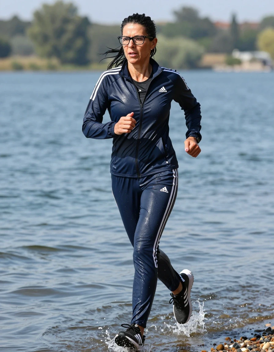photo of young woman, in soaking wet, drenched clothes,
adidas shoes, dark blue adidas sport pants, black adidas t-shirt, dark blue adidas sport jacket, running in the sunny lake, enjoying wet clothes stuck body, enjoying, wet clothes stuck to body, 
enjoying, wet clothes stuck to body,
detailed textures of the wet clothes, wet face, wet plastered hair,
wet, drenched, professional, high-quality details, full body view.
sharp focus, ultra-high pixel detail, realistic, high-quality, full colors, incredibly detailed, 4k, 8k, 16k, hyper-realistic, RAW photo, masterpiece, ultra-detailed, professionally color graded, professional photograph, europen brunette skinny woman 50 years old, long dark black hair, very big and thick lips,  office glasses, complete body, wet skin, wet clothes, damp fabric, wet skin, wet clothes, damp fabric, wet skin, wet clothes, damp fabric, wet skin, wet clothes, damp fabric, wet skin, wet clothes, damp fabric, wet skin, wet clothes, damp fabric, wet skin, wet clothes, damp fabric