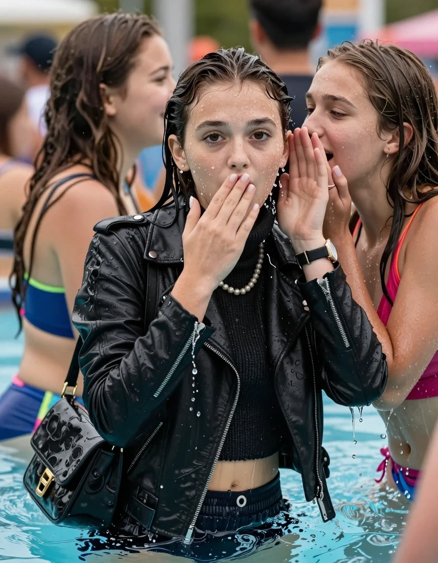 photo of young woman, in soaking wet, drenched clothes,
, , Black biker leatherjacket, knit turtleneck sweater belly free, handbag, pearl necklace, bracelet, wristwatch, Two 15 years old teenage girls submerged in a crowded pool of a waterpark at a pool party. , 
enjoying, wet clothes stuck to body,
detailed textures of the wet clothes, wet face, wet plastered hair,
wet, drenched, professional, high-quality details, full body view.
sharp focus, ultra-high pixel detail, realistic, high-quality, full colors, incredibly detailed, 4k, 8k, 16k, hyper-realistic, RAW photo, masterpiece, ultra-detailed, professionally color graded, professional photograph, Behind view: two 15-year-old teenage girl.
wet plastered hair. Sleek long straight hair.

Only head and shoulders are over the surface visible. Looking at camera. The water splashes directly into her face. Hold her hand on her mouth.  open mouth, big eyes. One whispers a Secret in her friends ear.

The girls wear different clothes.

she is completely underwater up to her neck, afraid and astonished expression. Slightly smile.

her clothing is soaking wet and clinging tightly to her skin, showing heavy wet folds, darkened fabric texture, and deep water-saturated Patches, her clothes are heavy from the water, water runs from her body and her clothes in streams. A lot of water also runs out of her clothes. Her clothes are darkened by the water. Her submerged clothes are good visible under the water.  she soaked her handbag into the water.

close up view, wet skin, wet clothes, wet hair, damp fabric, water runs down the clothes, wet skin, wet clothes, damp fabric. cinematic medium shot, hyper-realistic wetness, high-contrast water sheen, sharp focus, 16k resolution, professional photography, realistic water physics., wet skin, wet clothes, damp fabric, wet skin, wet clothes, damp fabric, wet skin, wet clothes, damp fabric, wet skin, wet clothes, damp fabric, wet skin, wet clothes, damp fabric, wet skin, wet clothes, damp fabric