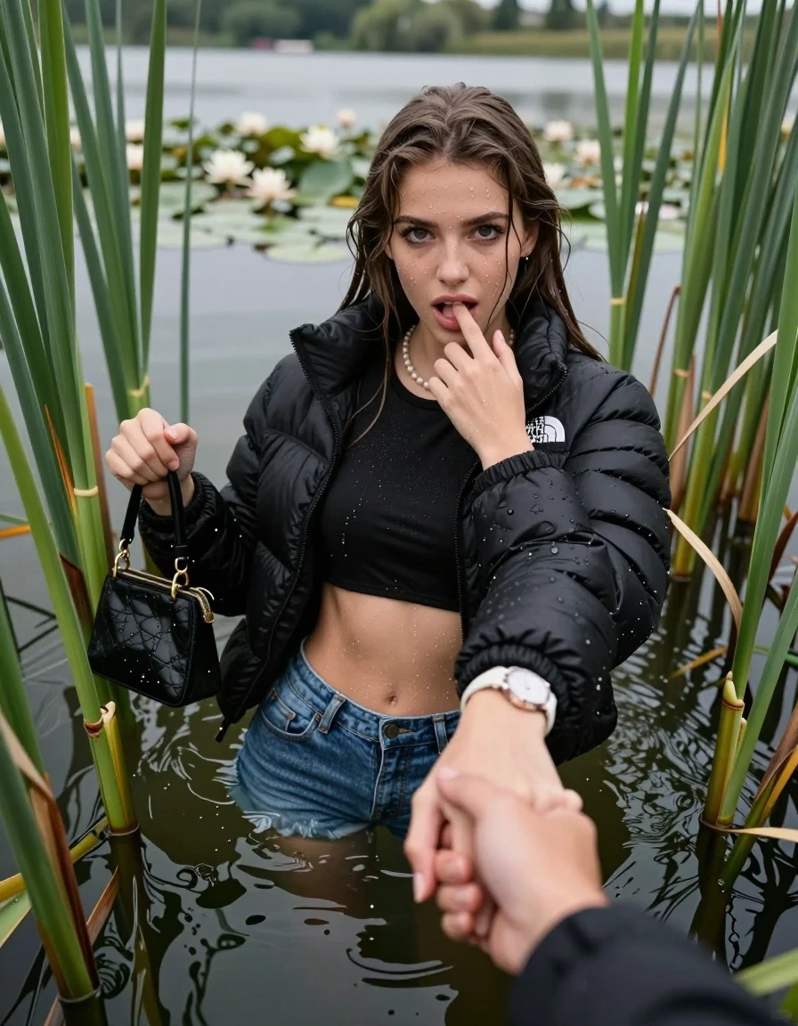 photo of young woman, in soaking wet, drenched clothes,
, sexy mini jeans short, black puffer down jacket from north face, tight sexy longsleeve crop top with wide neckline belly free, handbag, pearl necklace, bracelet, wristwatch, Emerging after diving in a lake with water lilies and reeds, 
enjoying, wet clothes stuck to body,
detailed textures of the wet clothes, wet face, wet plastered hair,
wet, drenched, professional, high-quality details, full body view.
sharp focus, ultra-high pixel detail, realistic, high-quality, full colors, incredibly detailed, 4k, 8k, 16k, hyper-realistic, RAW photo, masterpiece, ultra-detailed, professionally color graded, professional photograph, Sleek long straight hair

15 years old  teenage girl

open mouth, big eyes. 0ne hand with a finger at her tongue  inside her mouth, hold with the other the female viewer's hand, pulling them toward the center of the water. Laying her breast and arms on the surface.  Whole body and shoulders are submerged under the surface. Looking up at camera. horny eyes.

she is completely underwater up to her neck,  horny and sexuell aroused expression.

She hides in the reeds.

her submerged clothes are hardly vusible under water, she soaked her handbag into the water

close up view, wet skin, wet clothes, wet hair, damp fabric, water runs down the clothes, wet skin, wet clothes, damp fabric, wet skin, wet clothes, damp fabric, wet skin, wet clothes, damp fabric, wet skin, wet clothes, damp fabric, wet skin, wet clothes, damp fabric, wet skin, wet clothes, damp fabric, wet skin, wet clothes, damp fabric, wet skin, wet clothes, damp fabric, wet skin, wet clothes, damp fabric, wet skin, wet clothes, damp fabric, wet skin, wet clothes, damp fabric, wet skin, wet clothes, damp fabric, wet skin, wet clothes, damp fabric, wet skin, wet clothes, damp fabric, wet skin, wet clothes, damp fabric, wet skin, wet clothes, damp fabric, wet skin, wet clothes, damp fabric, wet skin, wet clothes, damp fabric, wet skin, wet clothes, damp fabric, wet skin, wet clothes, damp fabric, wet skin, wet clothes, damp fabric, wet skin, wet clothes, damp fabric, wet skin, wet clothes, damp fabric