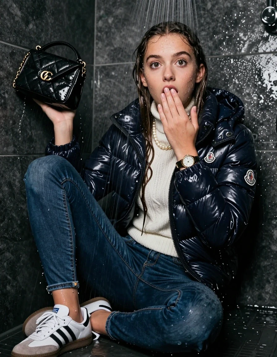 photo of young woman, in soaking wet, drenched clothes,
White sneakers Adidas Samba black striped, Tight Skinny jeans, Moncler shiny puffer down jacket , white knit turtleneck sweater, handbag, pearl necklace, bracelet, wristwatch, Under the shower, strong jet of water, party room, 
enjoying, wet clothes stuck to body,
detailed textures of the wet clothes, wet face, wet plastered hair,
wet, drenched, professional, high-quality details, full body view.
sharp focus, ultra-high pixel detail, realistic, high-quality, full colors, incredibly detailed, 4k, 8k, 16k, hyper-realistic, RAW photo, masterpiece, ultra-detailed, professionally color graded, professional photograph, sleek long straight hair, wer plastered hair

 15-years-old teenage girl

Only head and shoulders are over the surface visible. Open mouth, big eyes. Looking at camera. Hold her hand on her mouth.

The girls wear different clothes.

she is completely underwater up to her neck, surprised and astonished expression. 

her clothing is soaking wet and clinging tightly to her skin, showing heavy wet folds, darkened fabric texture, and deep water-saturated Patches, her clothes are heavy from the water, water runs from her body and her clothes in streams. A lot of water also runs out of her clothes. Her clothes are darkened by the water. Her submerged clothes are good visible under the water.  she soaked her handbag into the water.

close up view, wet skin, wet clothes, wet hair, damp fabric, water runs down the clothes, wet skin, wet clothes, damp fabric. cinematic medium shot, hyper-realistic wetness, high-contrast water sheen, sharp focus, 16k resolution, professional photography, realistic water physics., wet skin, wet clothes, damp fabric, wet skin, wet clothes, damp fabric, wet skin, wet clothes, damp fabric