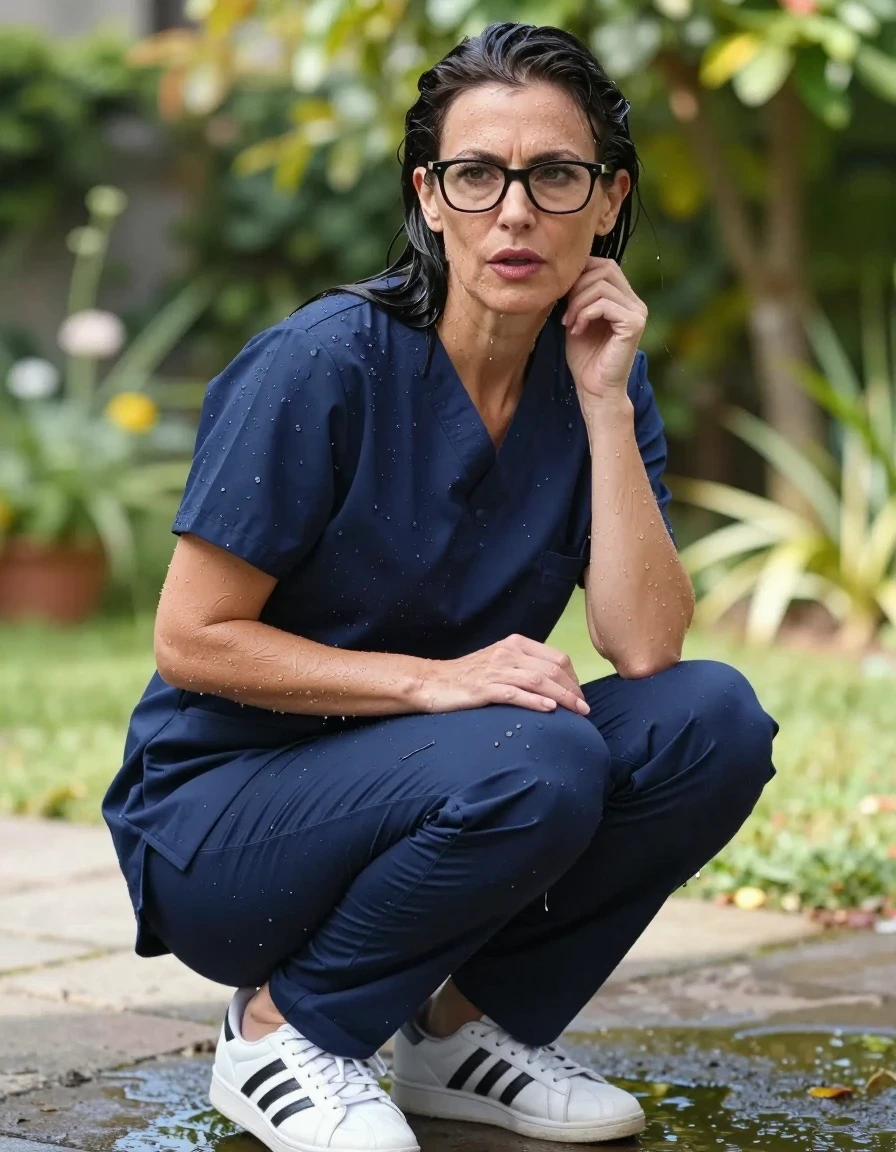 photo of young woman, in soaking wet, drenched clothes,
adidas shoes, wet dark blue scrubs, wet dark blue scrubs , after bath in sunny garden, enjoying wet clothes stuck body, enjoying, wet clothes stuck to body, 
enjoying, wet clothes stuck to body,
detailed textures of the wet clothes, wet face, wet plastered hair,
wet, drenched, professional, high-quality details, full body view.
sharp focus, ultra-high pixel detail, realistic, high-quality, full colors, incredibly detailed, 4k, 8k, 16k, hyper-realistic, RAW photo, masterpiece, ultra-detailed, professionally color graded, professional photograph, europen brunette skinny woman 50 years old, long dark black hair, very big and thick lips,  office glasses, complete body, wet skin, wet clothes, damp fabric, wet skin, wet clothes, damp fabric, wet skin, wet clothes, damp fabric, wet skin, wet clothes, damp fabric, wet skin, wet clothes, damp fabric, wet skin, wet clothes, damp fabric, wet skin, wet clothes, damp fabric